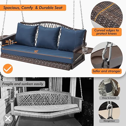 Miniatura 2 de Columpio colgante de mimbre mejorado para porche, resistente de 900 libras, 3 asientos, para patio, para adultos, con cadenas colgantes de 8.9 pies,