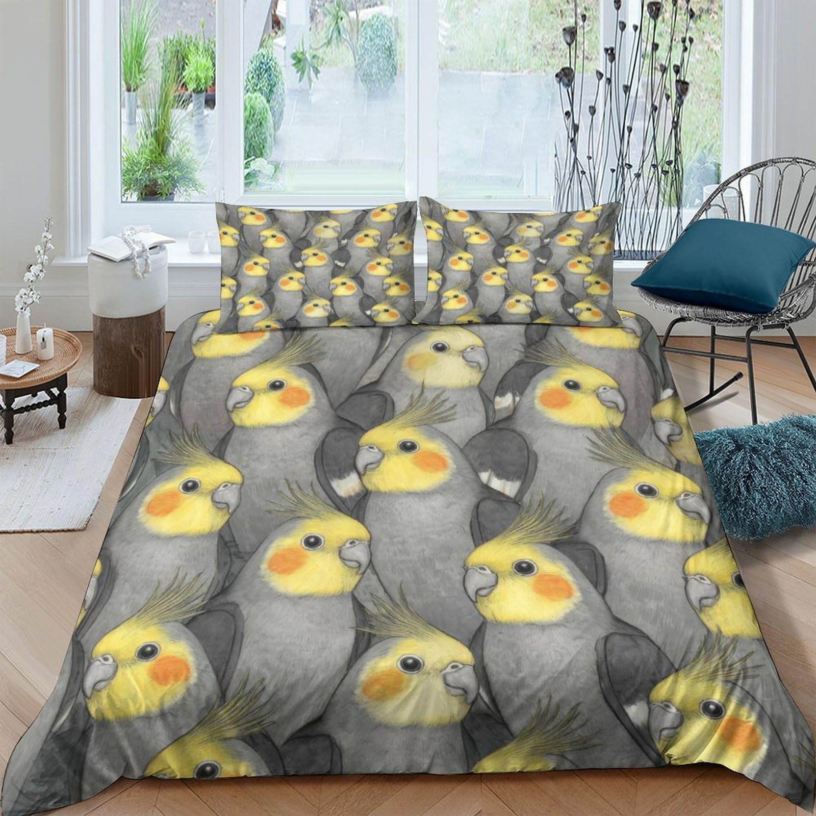 Ctjqhvkz Style-10 3D Printed Cockatiel Pattern Fitted Sheet Microfiber Soft Grey Yellow Bird Mattress Cover For Bedroom Guest Room Decor Single（135X200cm）