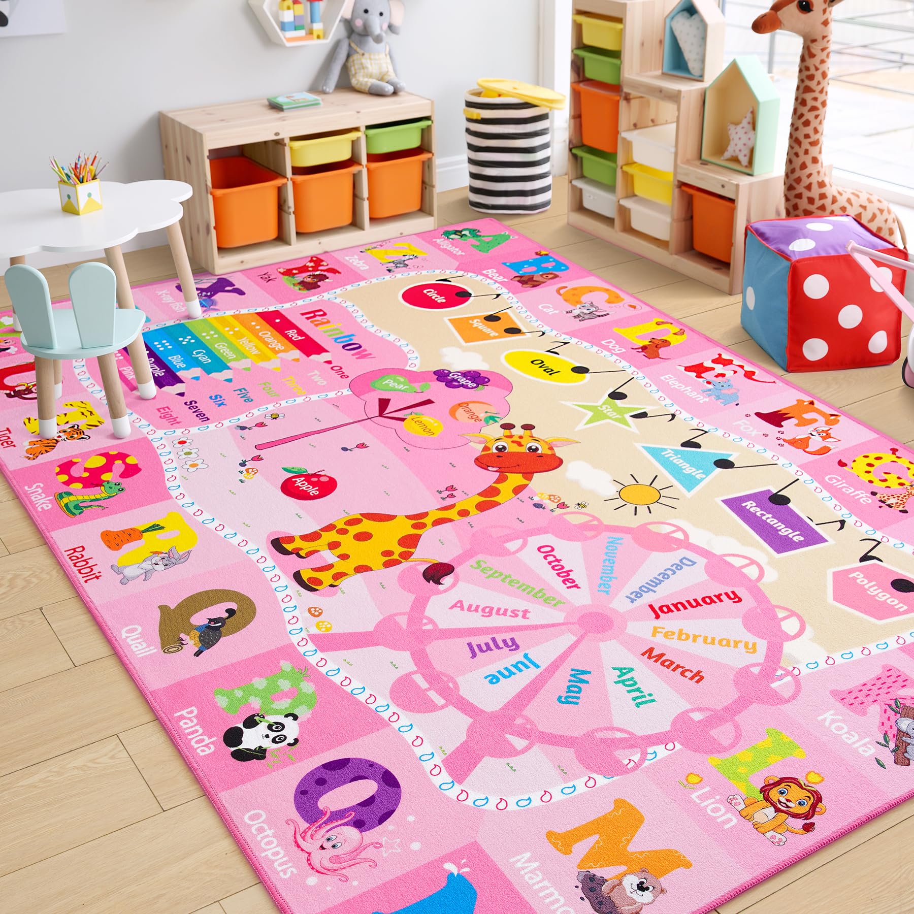Chicrug Educational Kid Area Rug for Playroom, 6x9 Feet TPR Non Slip Kids Classroom Carpet Rug for Learning ABC Animal, Shape Color Fruit, Washable