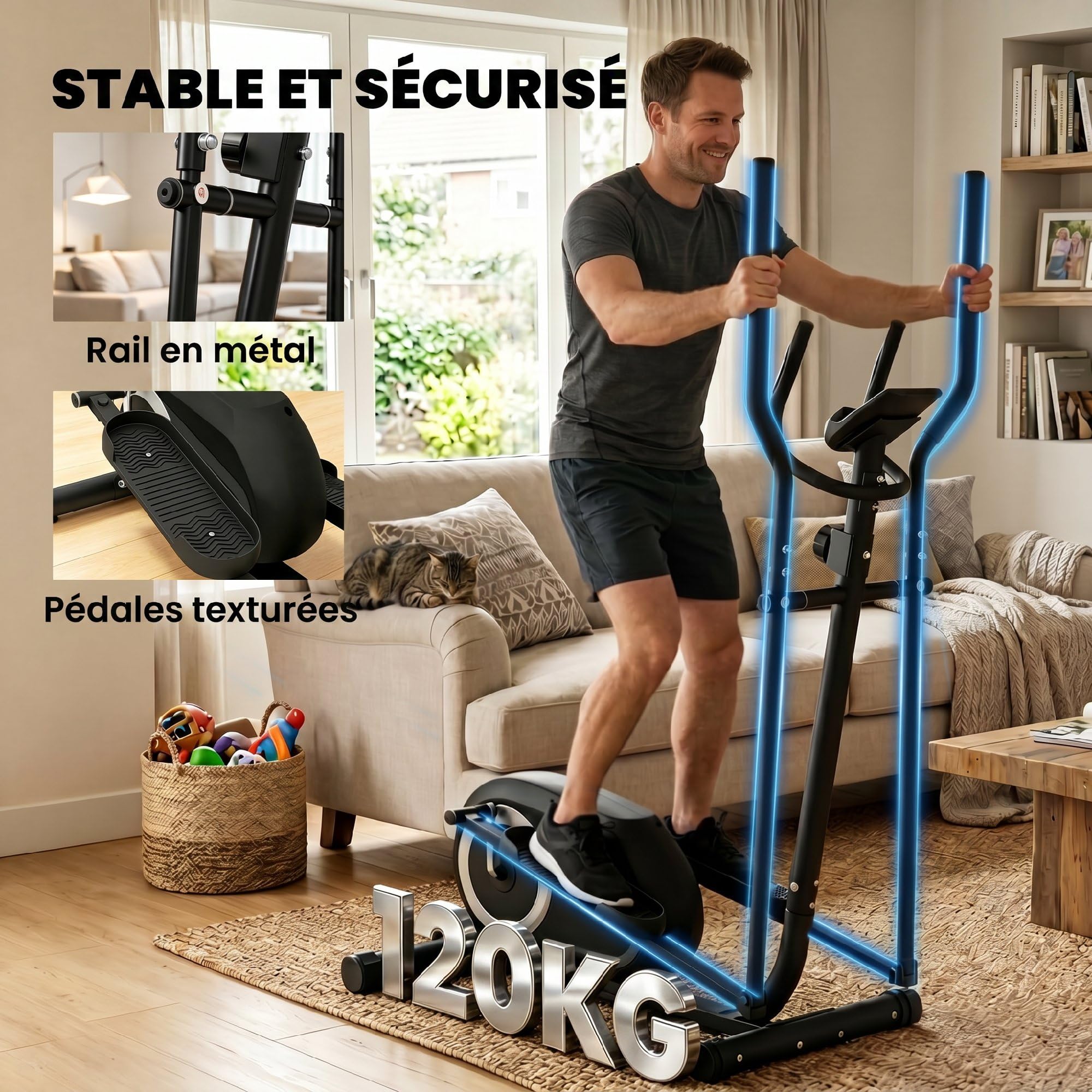 SPORTNOW Vélo Elliptique avec Écran LCD, Résistance 8 Niveaux, Capteur Pouls, Bluetooth APP, Support pour Téléphone, Vélo Elliptique Magnétique Charge 120 kg, Gris