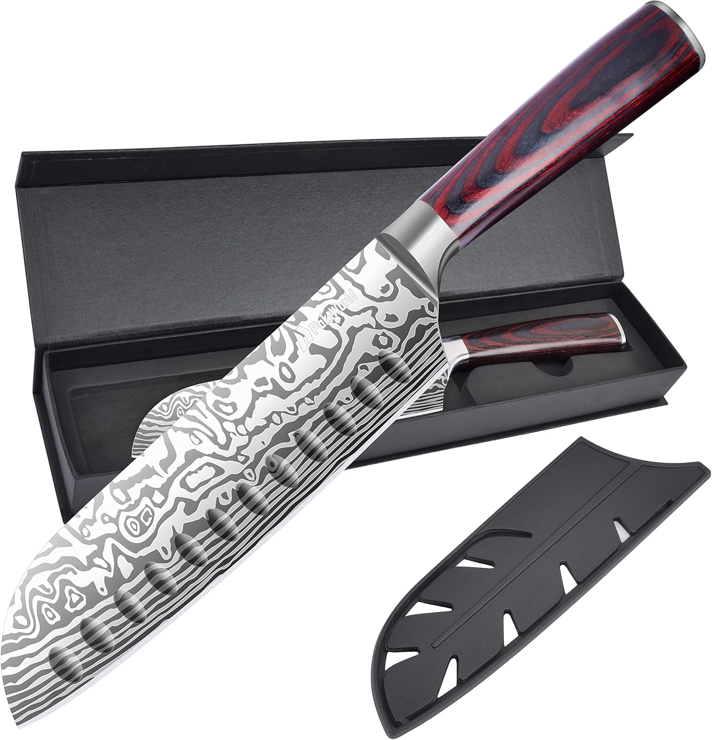 PoktWorld Cuchillos Cocina Profesional,Cuchillos de Cocina Japones,Cuchillo de Chef Profesional con Mango Ergonómico,Hoja Afilada (18cm Cuchillo Santoku)