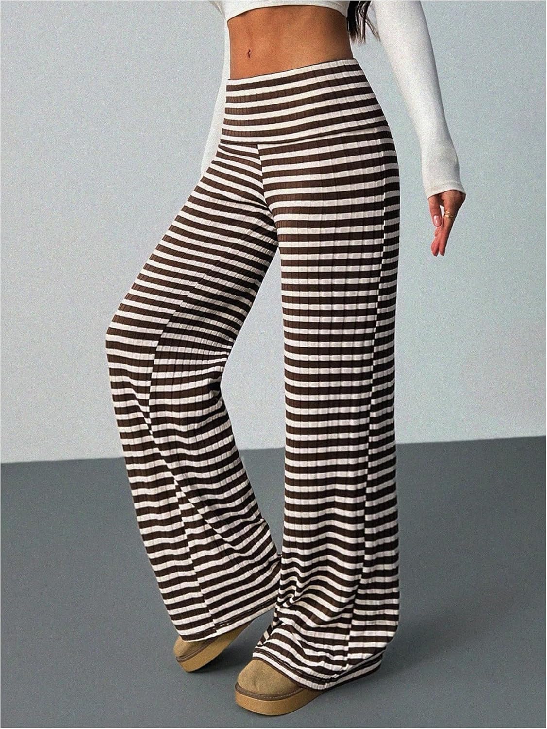Women's Striped Foldover Pants Ribbed Knit Wide Leg Pants Elastic High Waisted Casual Lounge Trousers - Image 3
