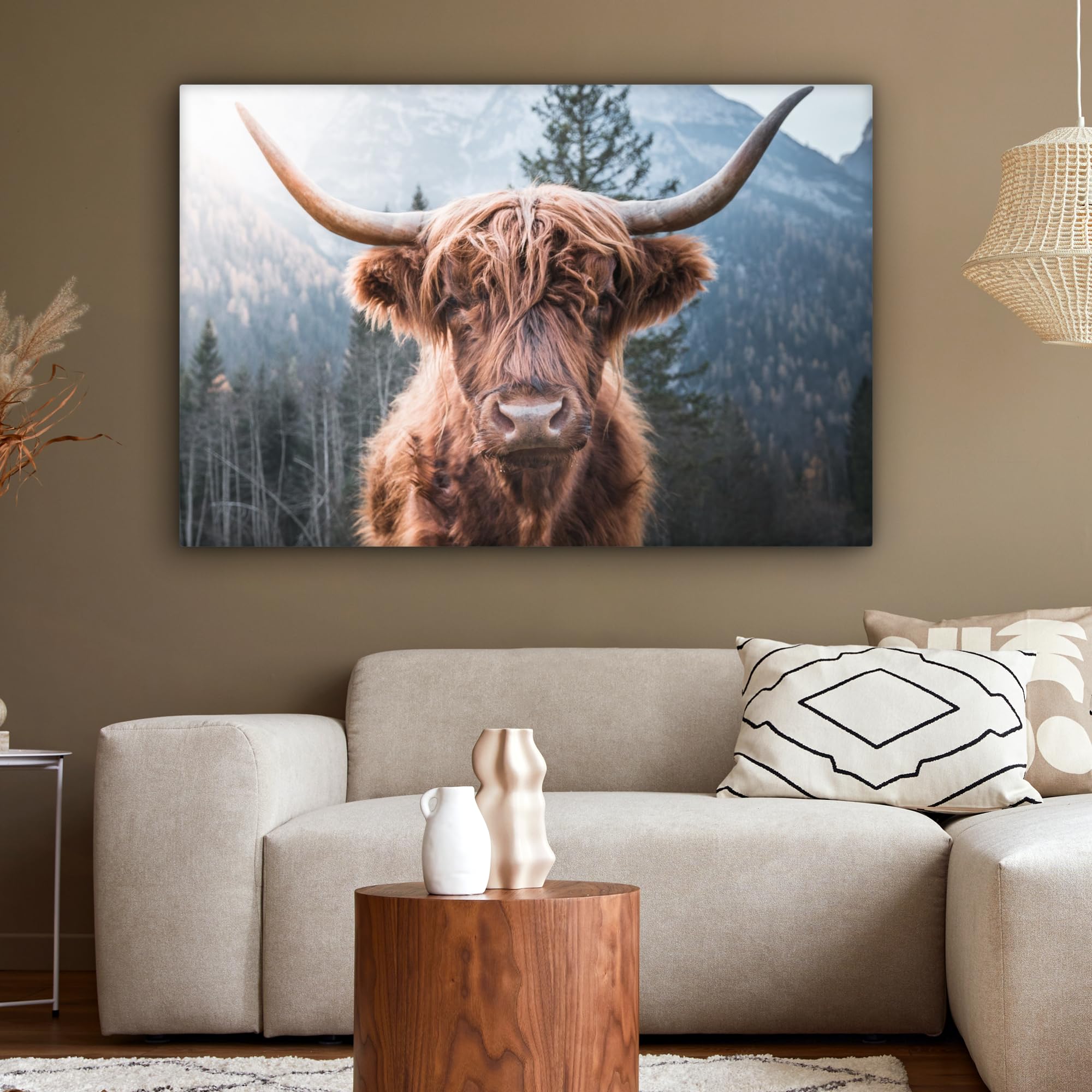 MuchoWow© Canvas Schilderij 120x80 cm Kamer Decoratie Woonkamer Slaapkamer Room Decor Wanddecoratie Wall Art Painting Vintage - Hert - Edelhert - Bloemen - Beige - Dieren - Natuur