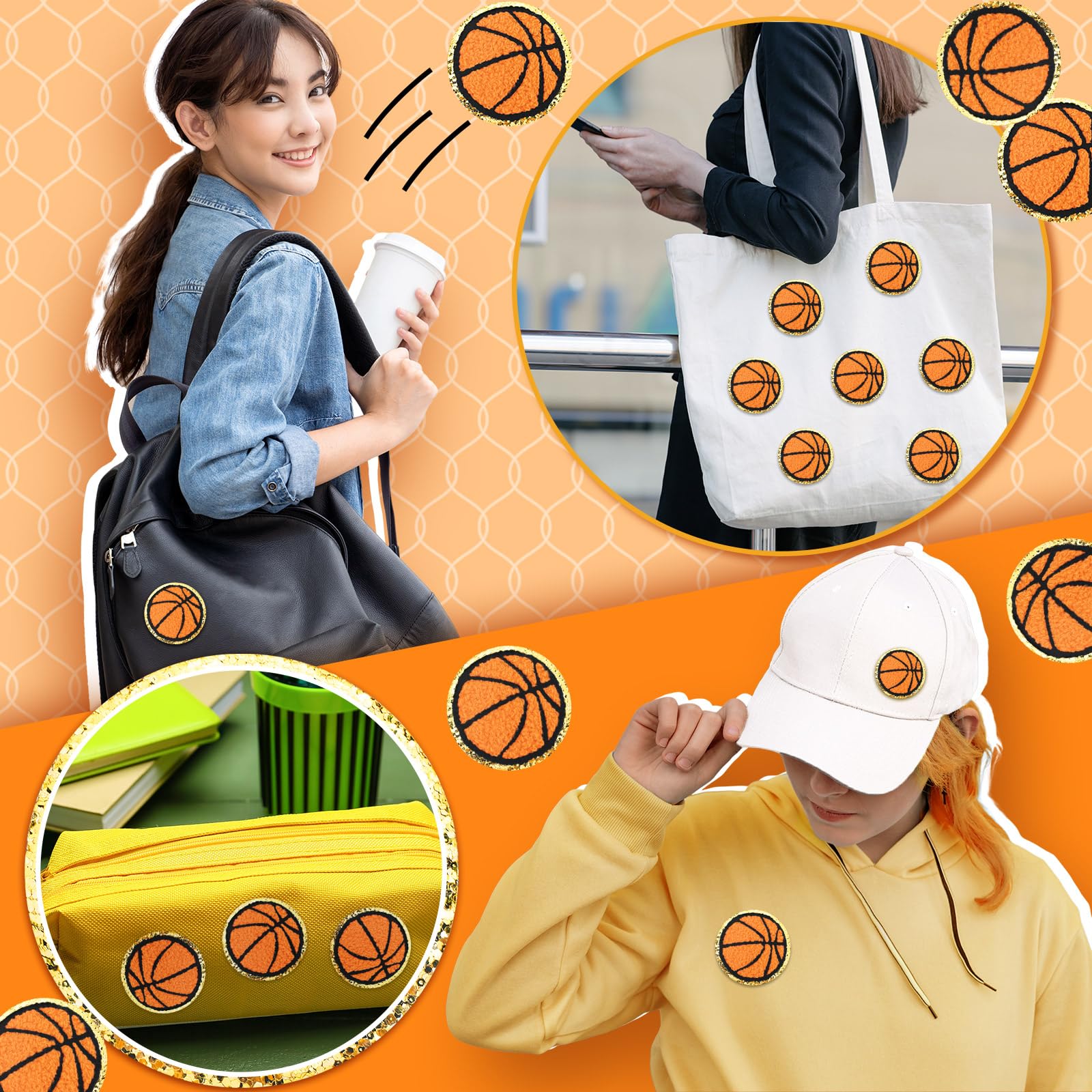 Paquete de 40 parches termoadhesivos de felpilla con bordes dorados, para fútbol, voleibol, baloncesto, béisbol, sóftbol, sombrero, pantalones, ropa (baloncesto)