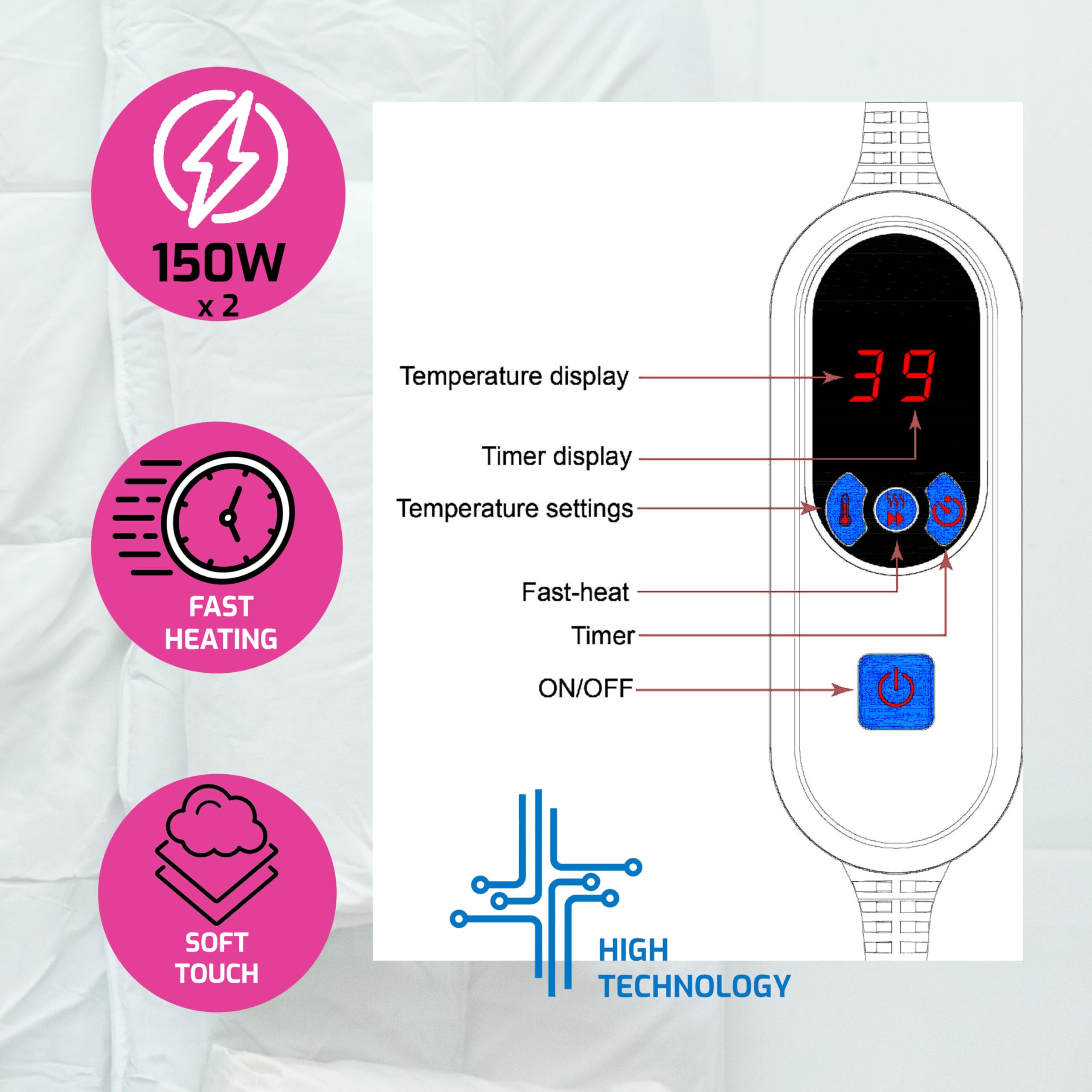 Pekatherm U210DF - Doppeltes Wärmeunterbett aus Baumwolle, 150 x 160 cm | Elektrische Wärme Unterbettdecke | Wärme Unterbett | Wärmeunterbett mit Abschaltautomatik