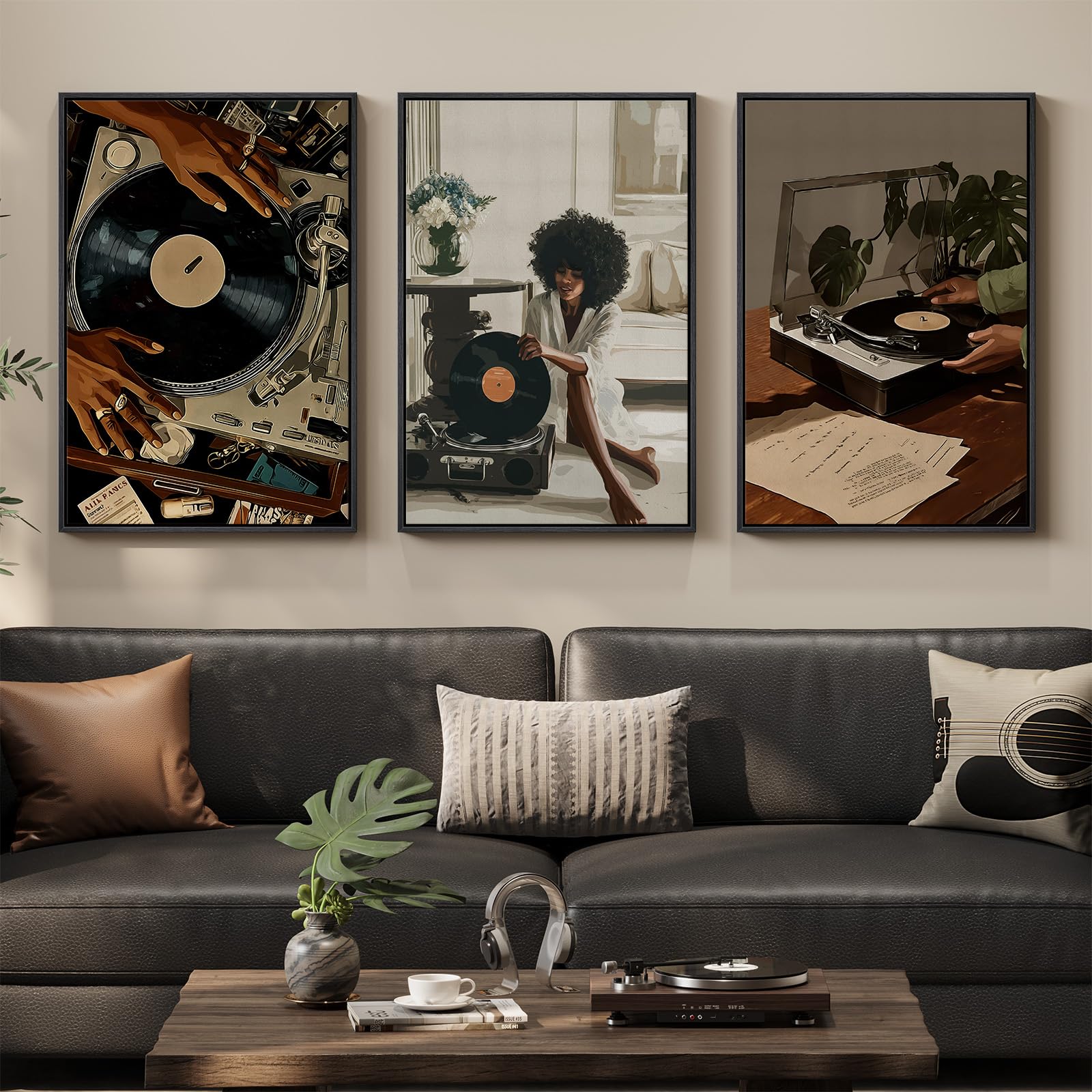 Photo 1 of Framed African American Black Woman Record Music Wall Art, Set of 3