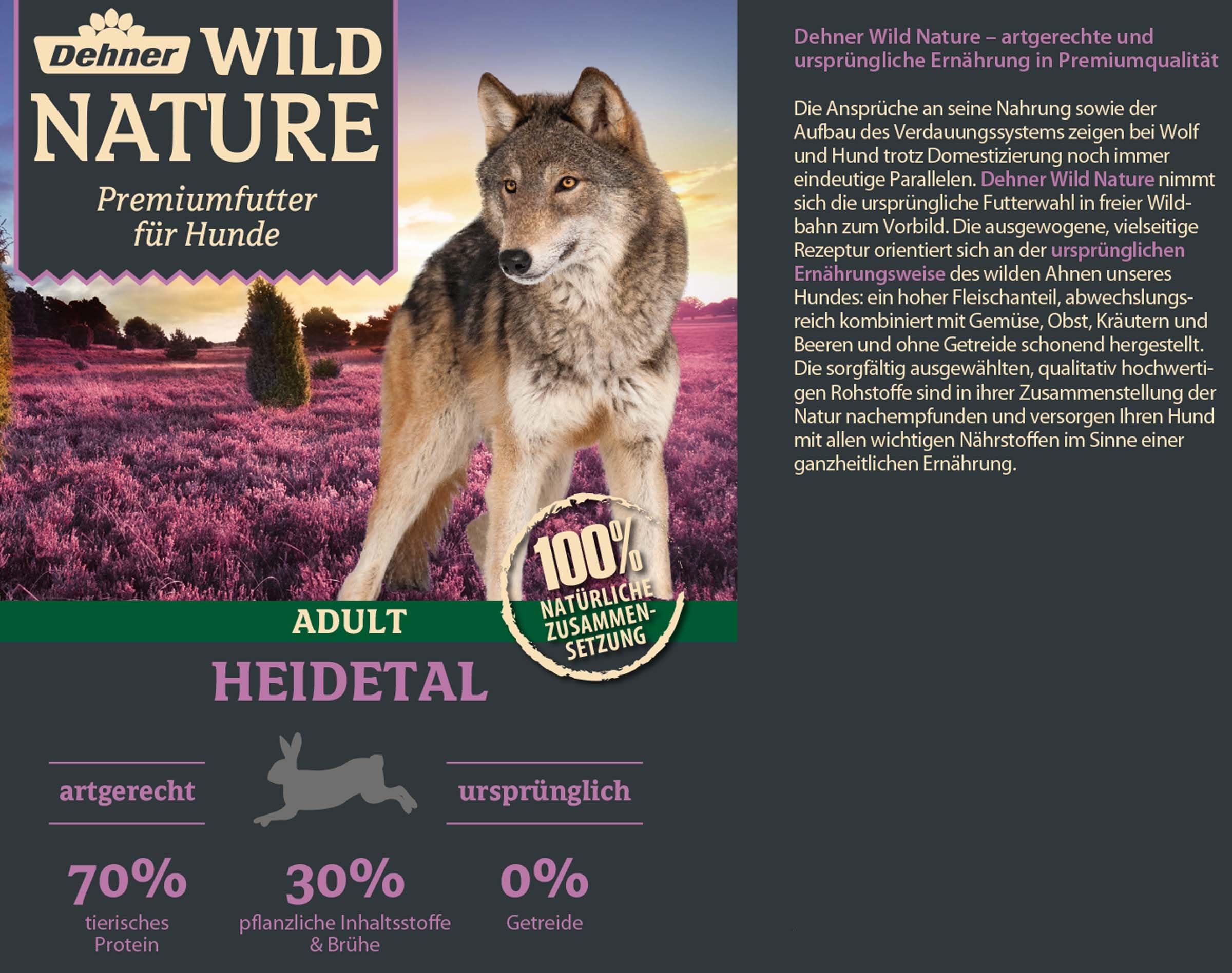 Dehner Wild Nature zestaw próbnej karmy dla psów, mokra karma bez zbóż/bez cukru, dla dorosłych psów, kaczek, koni, dziczyzn, królików, 6 x 400 g puszka (2,4 kg)