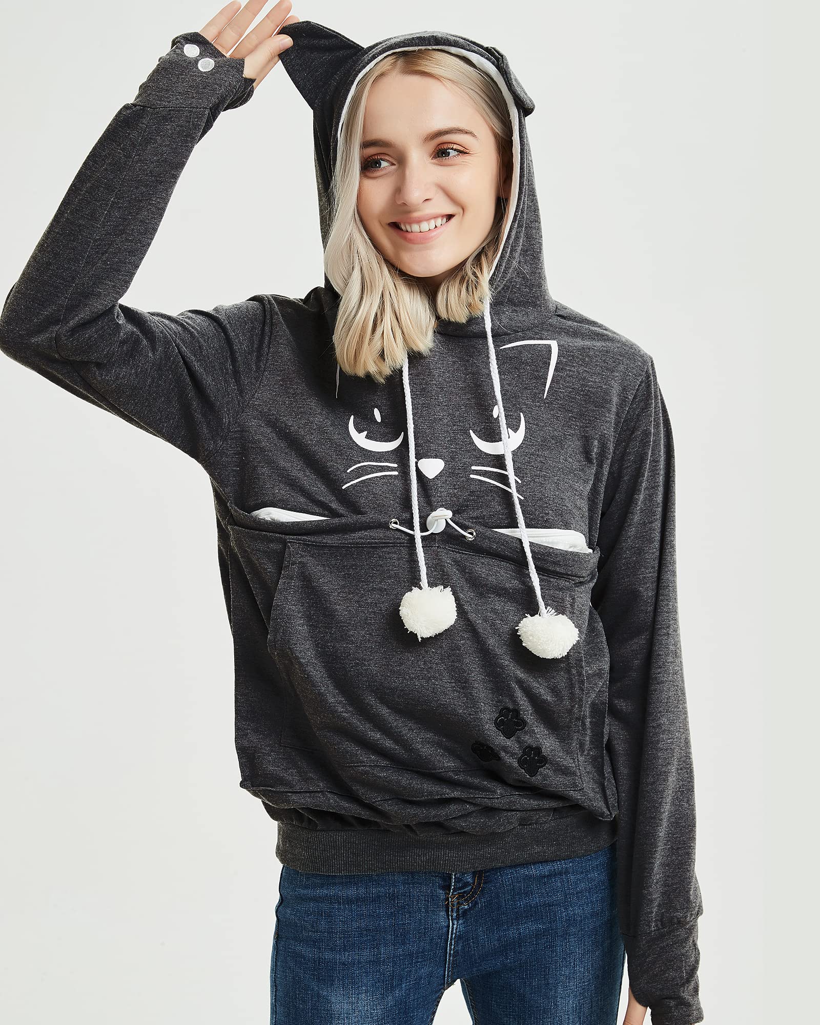 Femme Sweat à Capuche avec Poche pour Chat - Super Confortable Casual Sweatshirt Hoodie Manches Longues Lâche Pull à Capuche pour Automne Hiver Tops