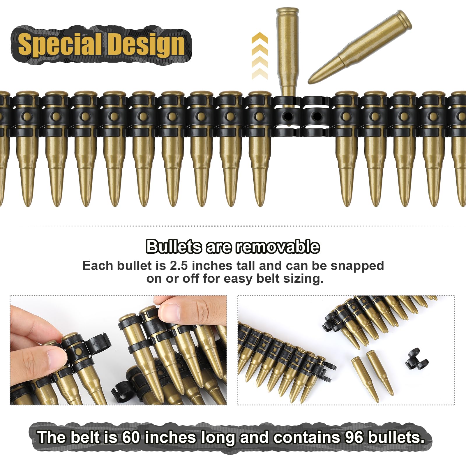 Tanganan 5pcs Fake Bullet Army Belt with Dog Tag Necklace Plastic Military Toy Ammo Costume Accessories Props for Adults Black - Image 2