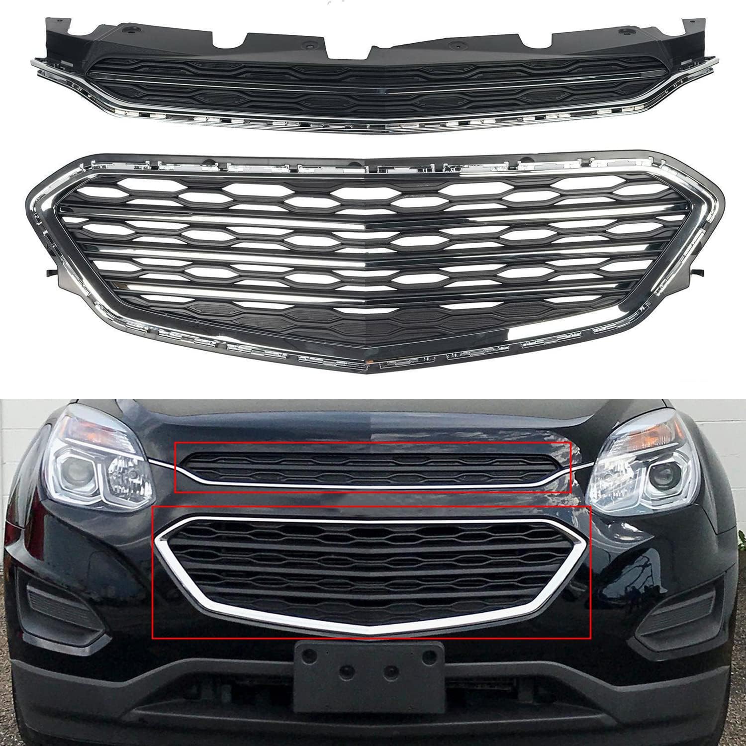 KARPAL Chrome Front Upper + Lower Bumper Grille Set Compatible With 2016 2017 Chevrolet Equinox