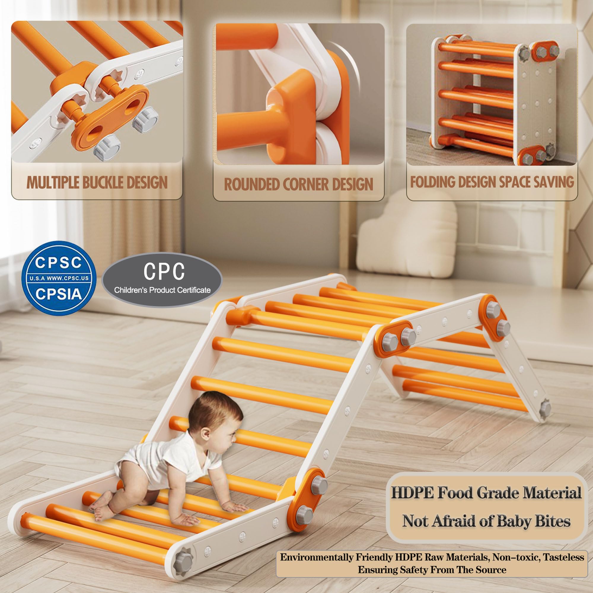Juguetes de escalada compatibles con diapositivas, juego de triángulos Pikler para niños, multifunción plegable para interiores (naranja) 7