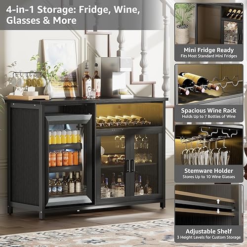 Miniatura 3 de Armario de bar de vinos con espacio para mini refrigerador, gabinete de barra de café negro y armario de licor con estante de almacenamiento,