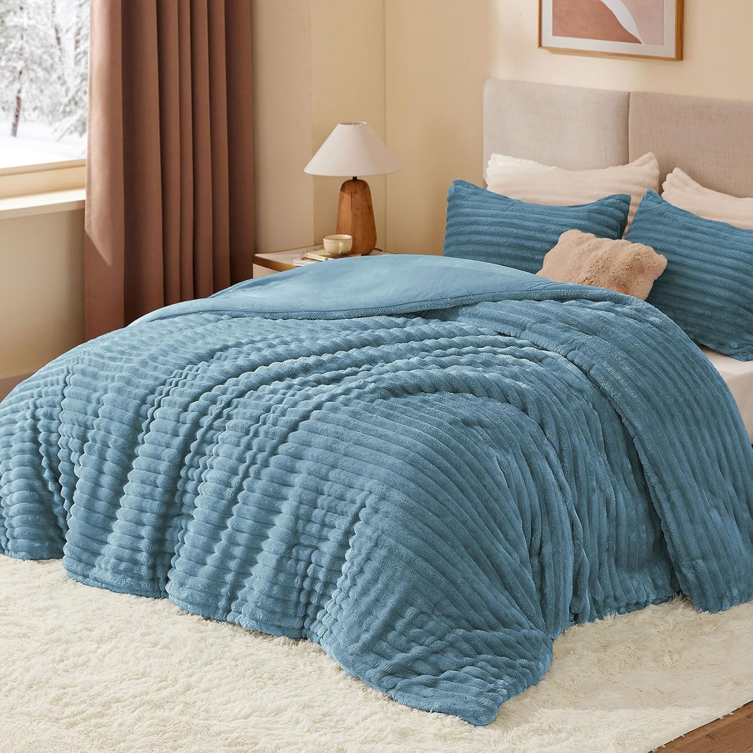 BEDELITE Fleece Full Comforter Set -Super Soft & Warm Fluffy Blue Fog Bedding, Luxury Fuzzy Heavy Bed Set for Winter with 2 Pillow Cases - Image 2