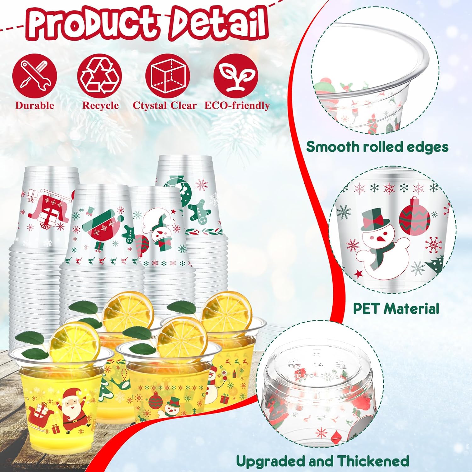 Zhehao 100 Pieces Christmas Disposable Cups 12 oz Christmas Clear Plastic Cups Set Xmas Trees Santa Claus Snowman for Xmas Party Supplies Coffee Wine Cold Drinks - Image 3