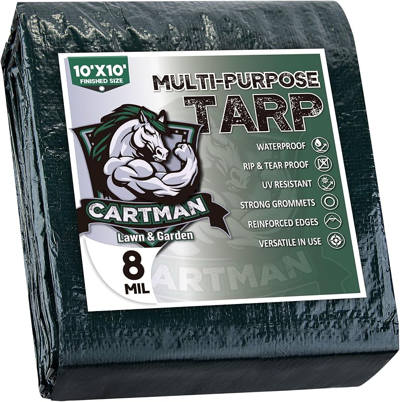 CARTMAN 10x10Ft Multipurpose Waterproof Poly Tarp Cover 8 Mil, Green | Reinforced edges, metal grommets every 36in, 10x10 weave, fits camping, emergency shelter, outdoor gear & cargo protection