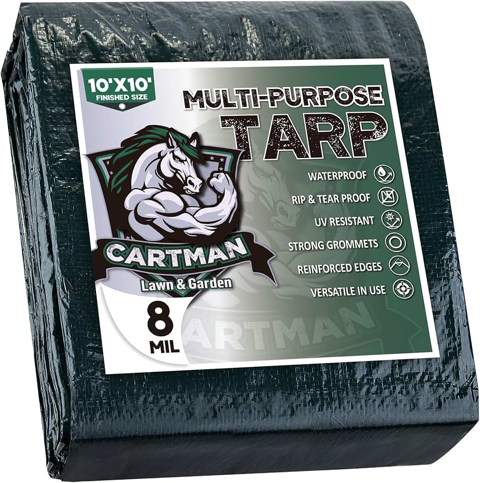 CARTMAN Finished Size 10x10 Feet Waterproof Green Tarp 8 Mil Thick, Multipurpose Protective Cover for Emergency Rain Shelter Camping Tarpaulin Global Recycled Standard
