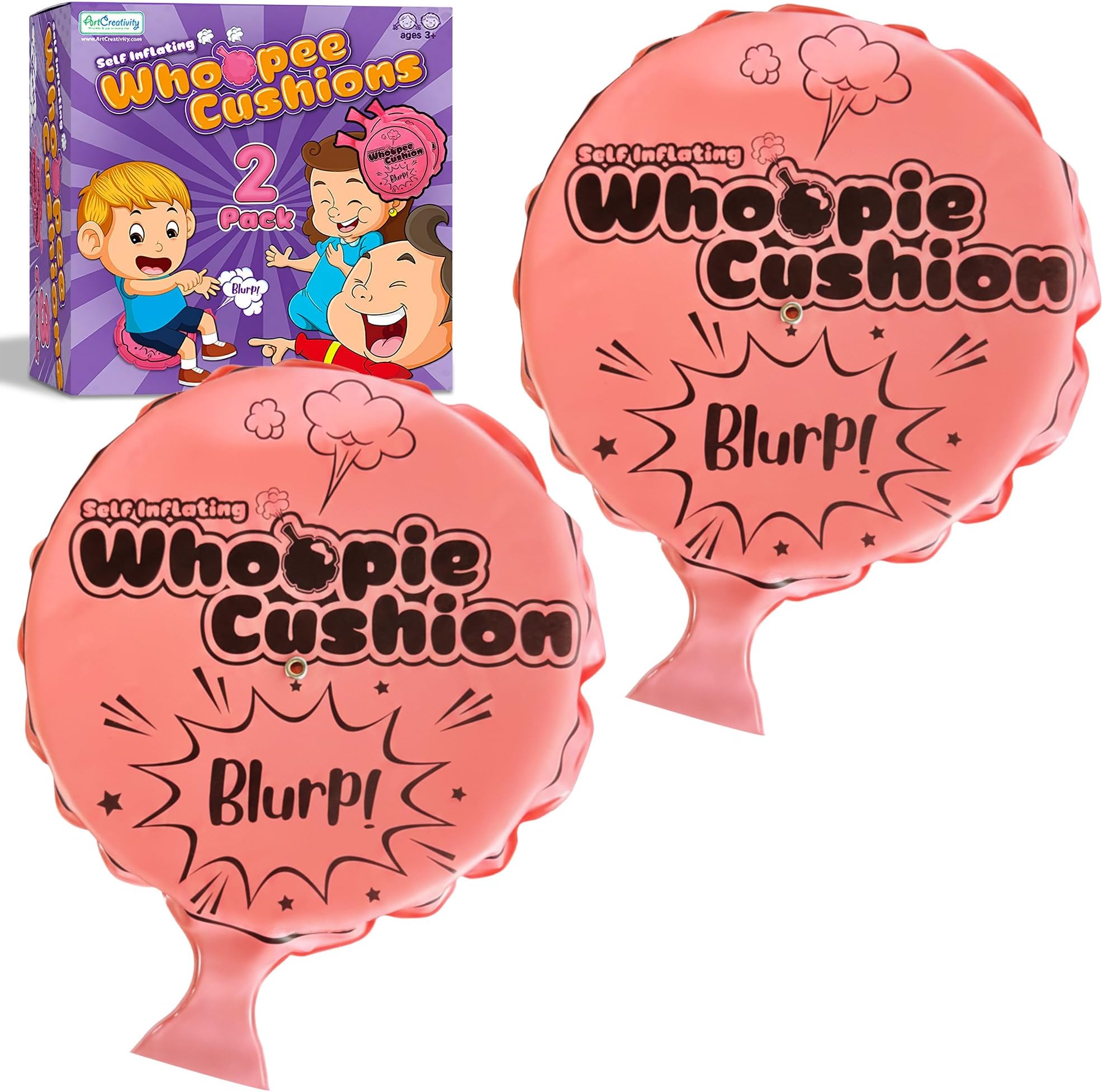 ArtCreativity Self Inflating Whoopie Cushion, 2 Pack, 7 Inch Whoopee Cushions Goodie Bag Stuffers, Classic Prank Toys for Boys and Girls, Party Favors and Gag Gifts for Kids, Whoopie Makes Gas Sounds