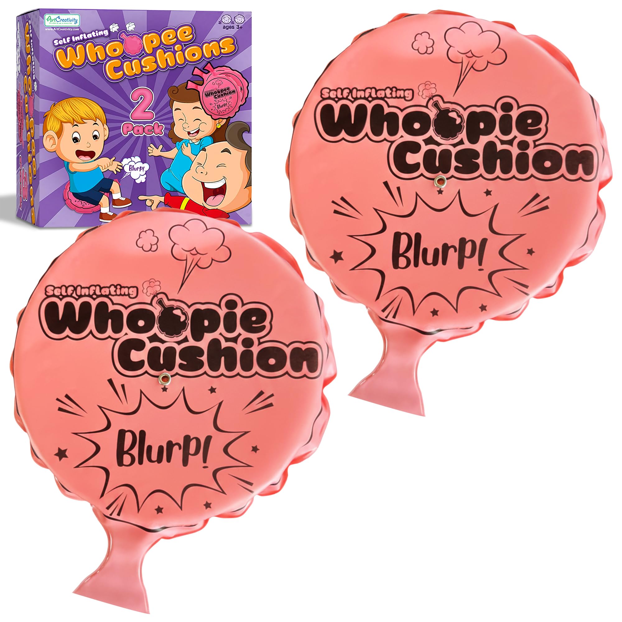 ArtCreativity Self Inflating Whoopie Cushion, 2 Pack, 6 Inch Whoopee Cushions Goodie Bag Stuffers, Classic Prank Toys for Boys and Girls, Party Favors and Gag Gifts for Kids, Whoopie Makes Gas Sounds