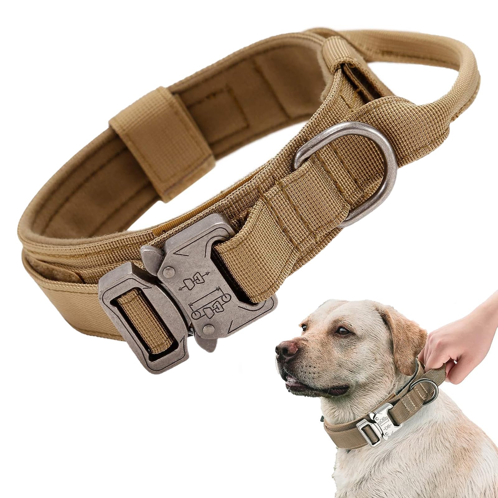 Collar táctico para Perros,Collar de Nailon con Hebilla de Metal,Collar táctico Ajustable para Perro,para Perros Medianos Grandes Caza Al Aire Libre Entrenamiento(Caqui-XL)