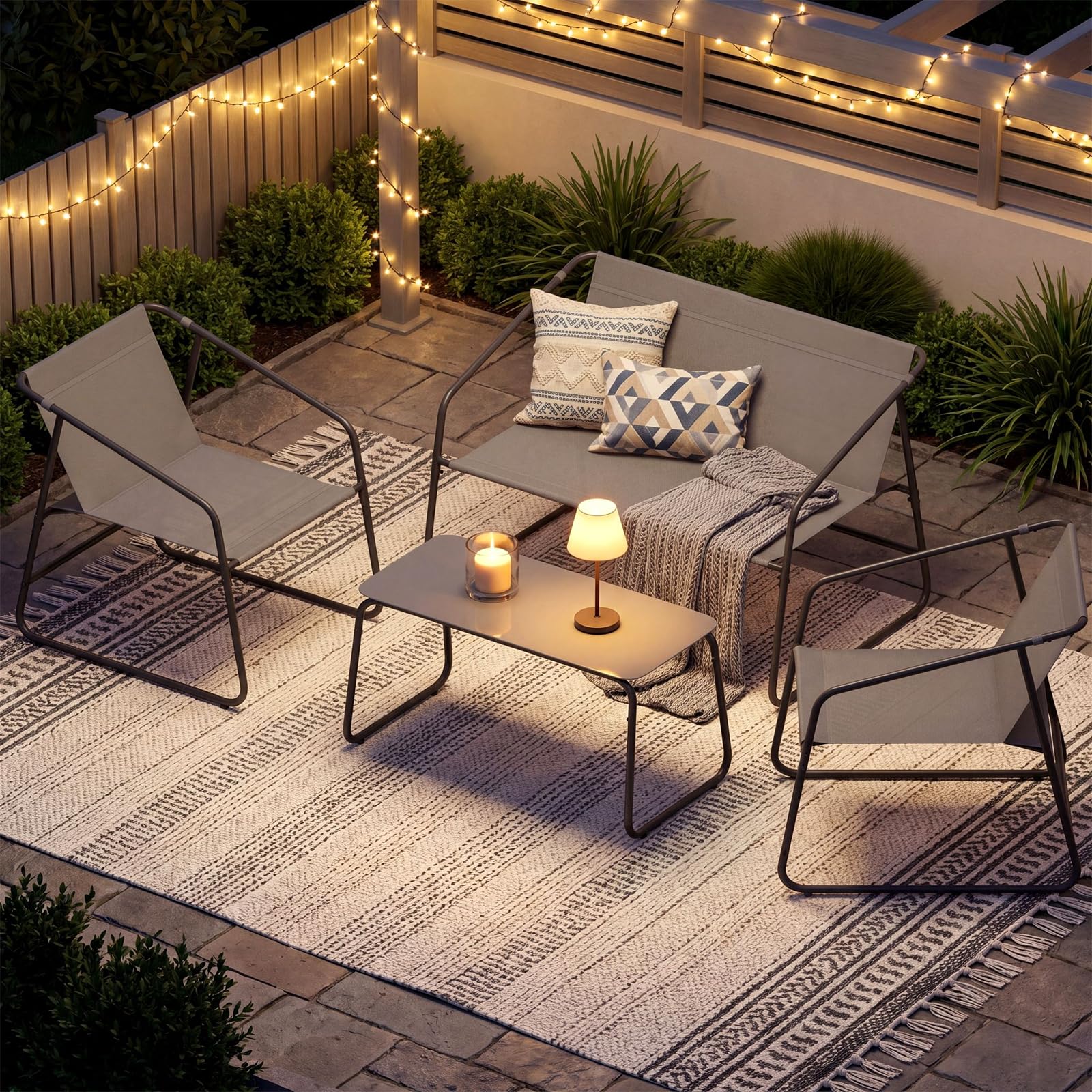 Clevich Set Salotto da Giardino 4 Pezzi in Textilene, Mobili da Esterno con Piedini Regolabili, Resistente agli Agenti Atmosferici, Adatto per Terrazzo, Giardino e Spazi Esterni, Grigio