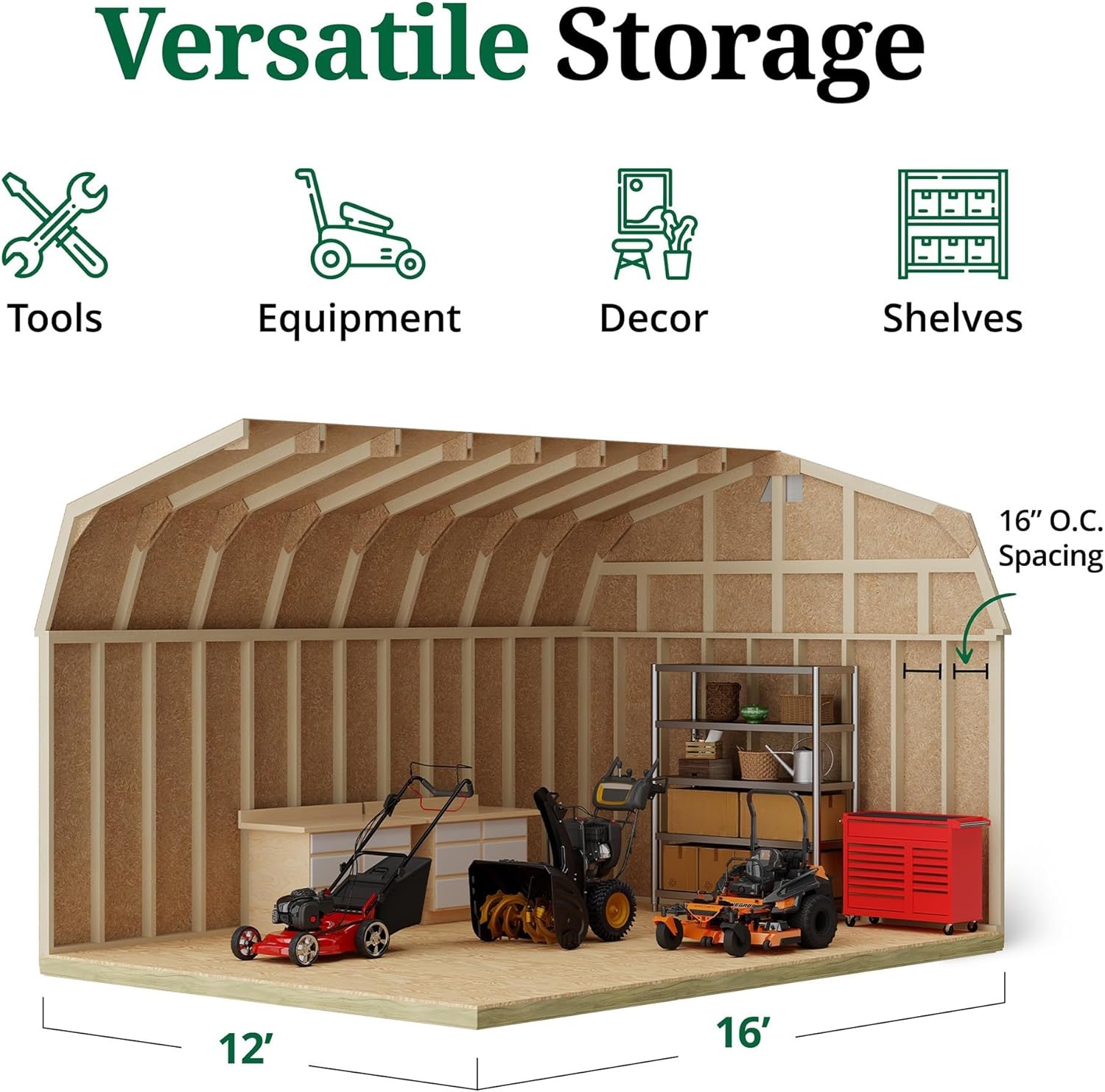Interior view of the shed showing framing and storage space