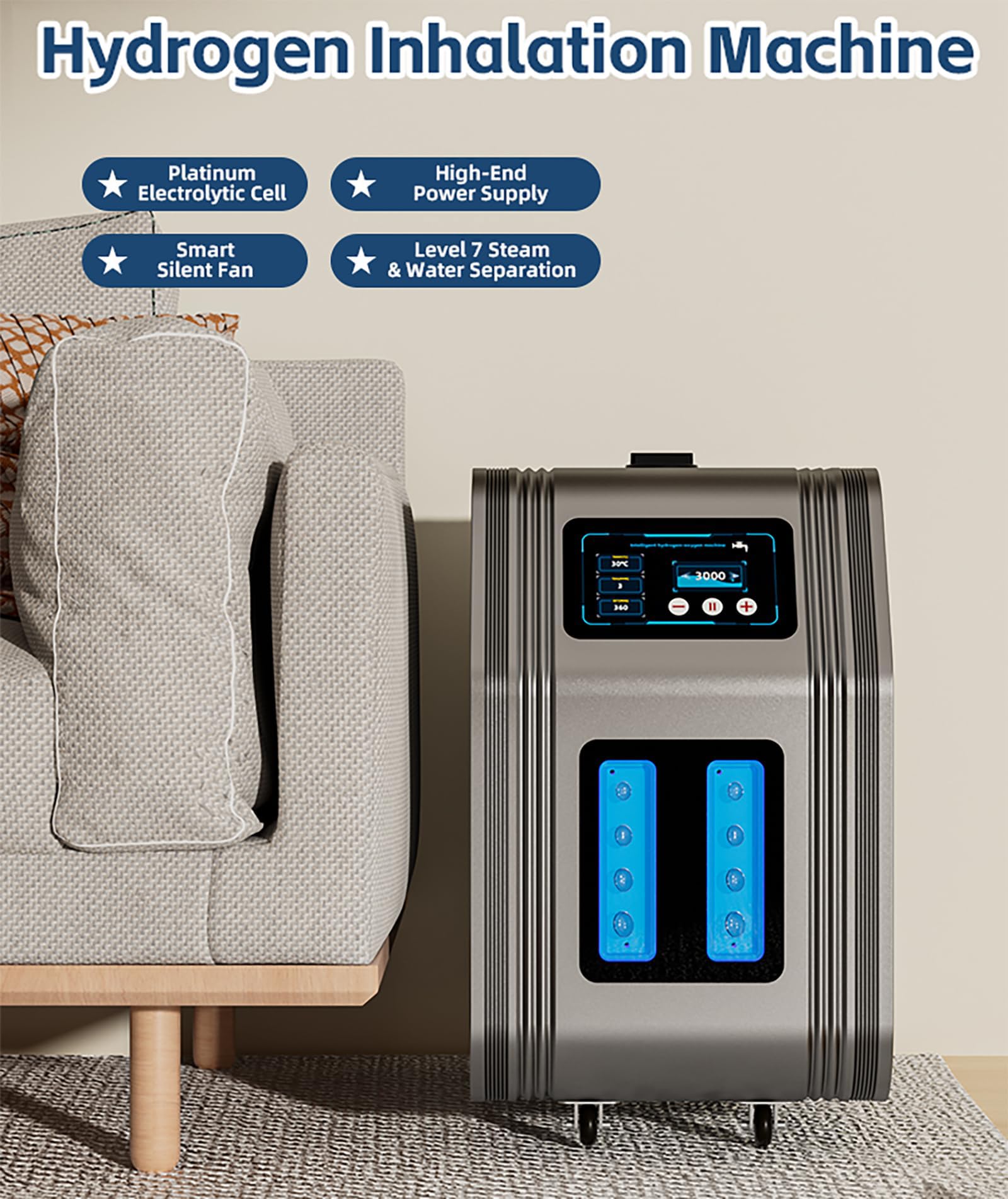 Inhalator Wodorowy 3000 Ml/Min Do Codziennego Użytku, 3-Wyjściowy Generator Wodoru, Ciche Urządzenie Do Oddychania Wodorem, Obsługa Jednym Dotknięciem Metallic Gray
