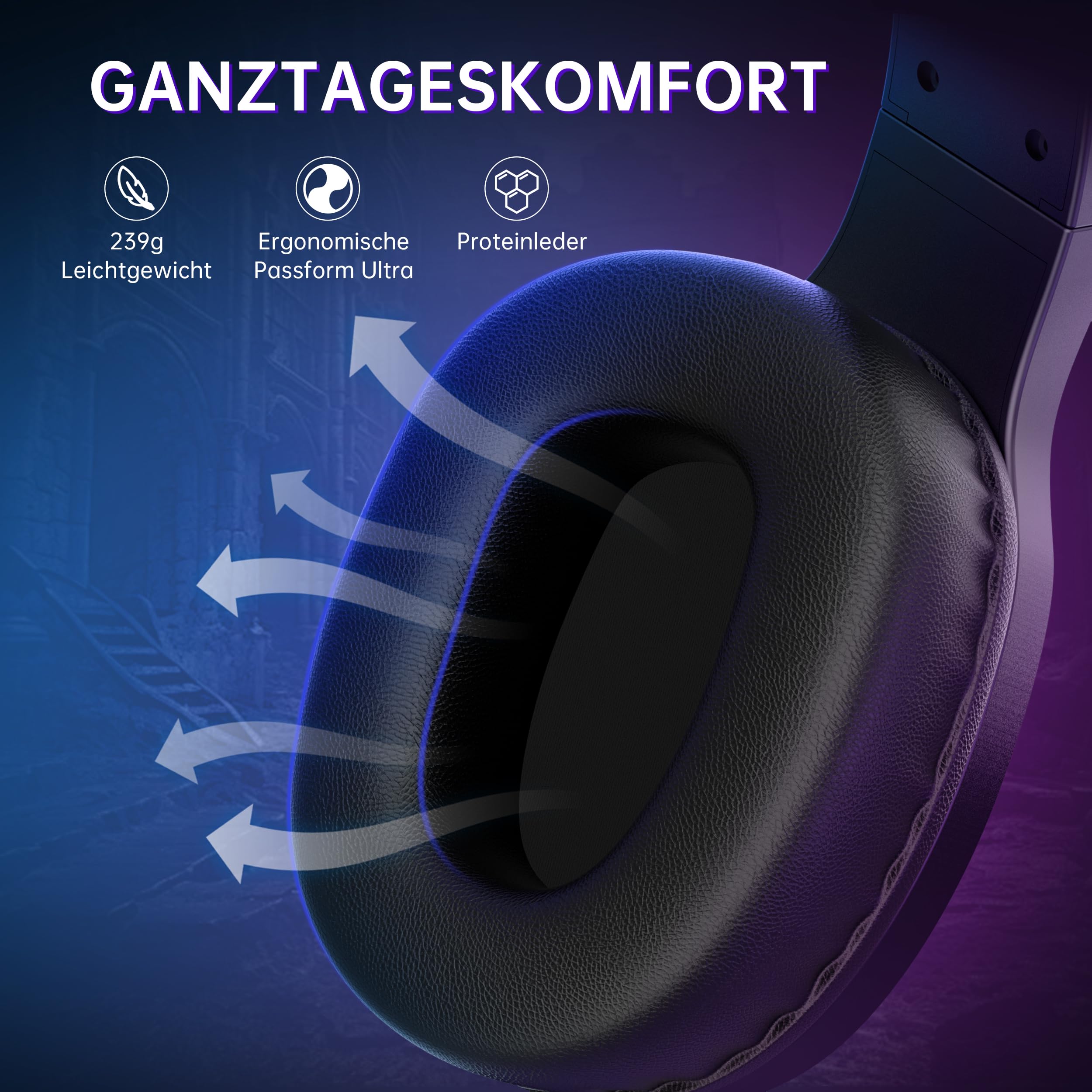 AOC Gaming Headset kabellos 2,4 GHz Wireless Bluetooth 5.4 7.1 Surround Sound Noise Cancelling Mikrofon 239 g 45 Std. Akku