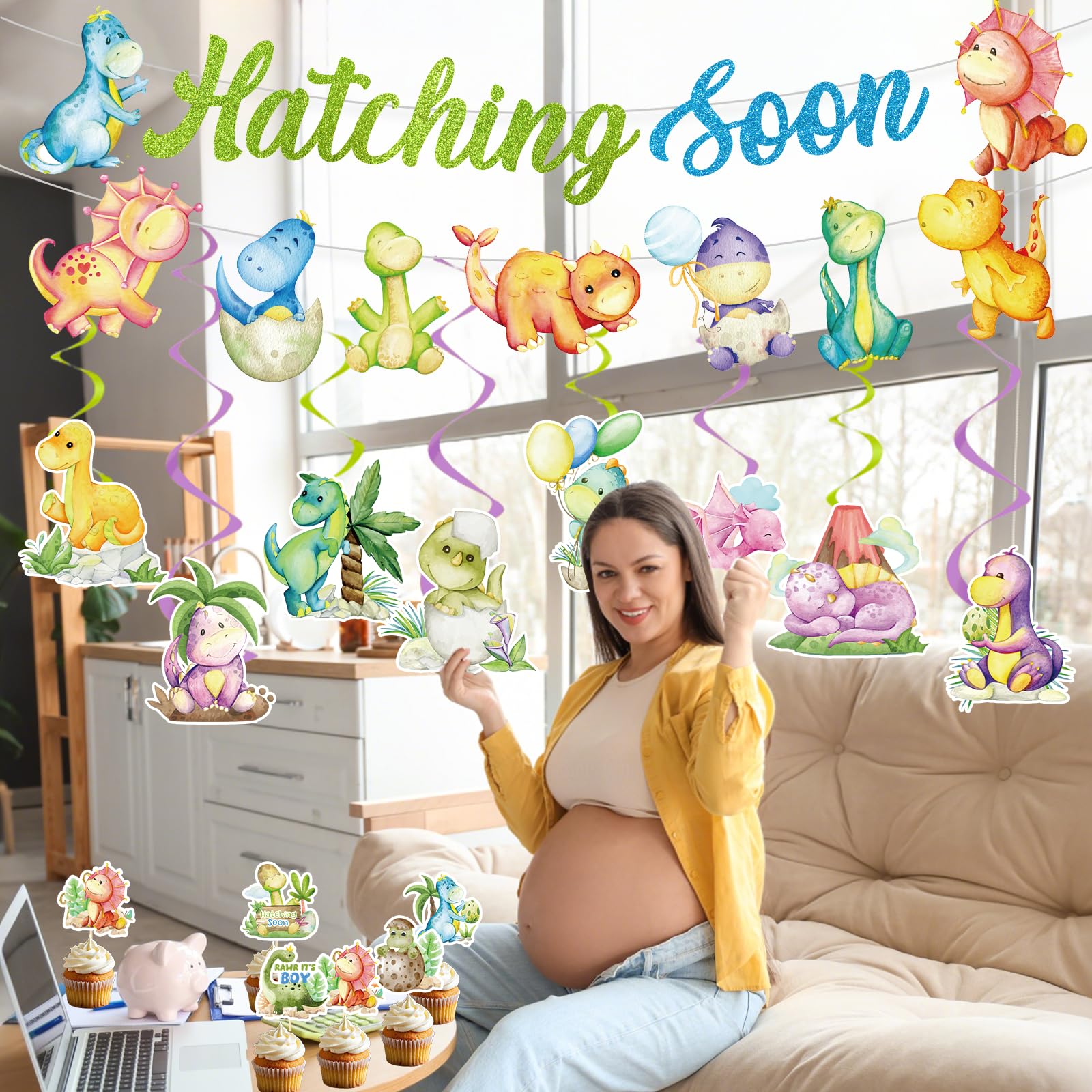Avezano Hatching Soon Dinosaur Backdrop Banner - 6x3.6ft Watercolor Dino Baby Shower Decor - View #10