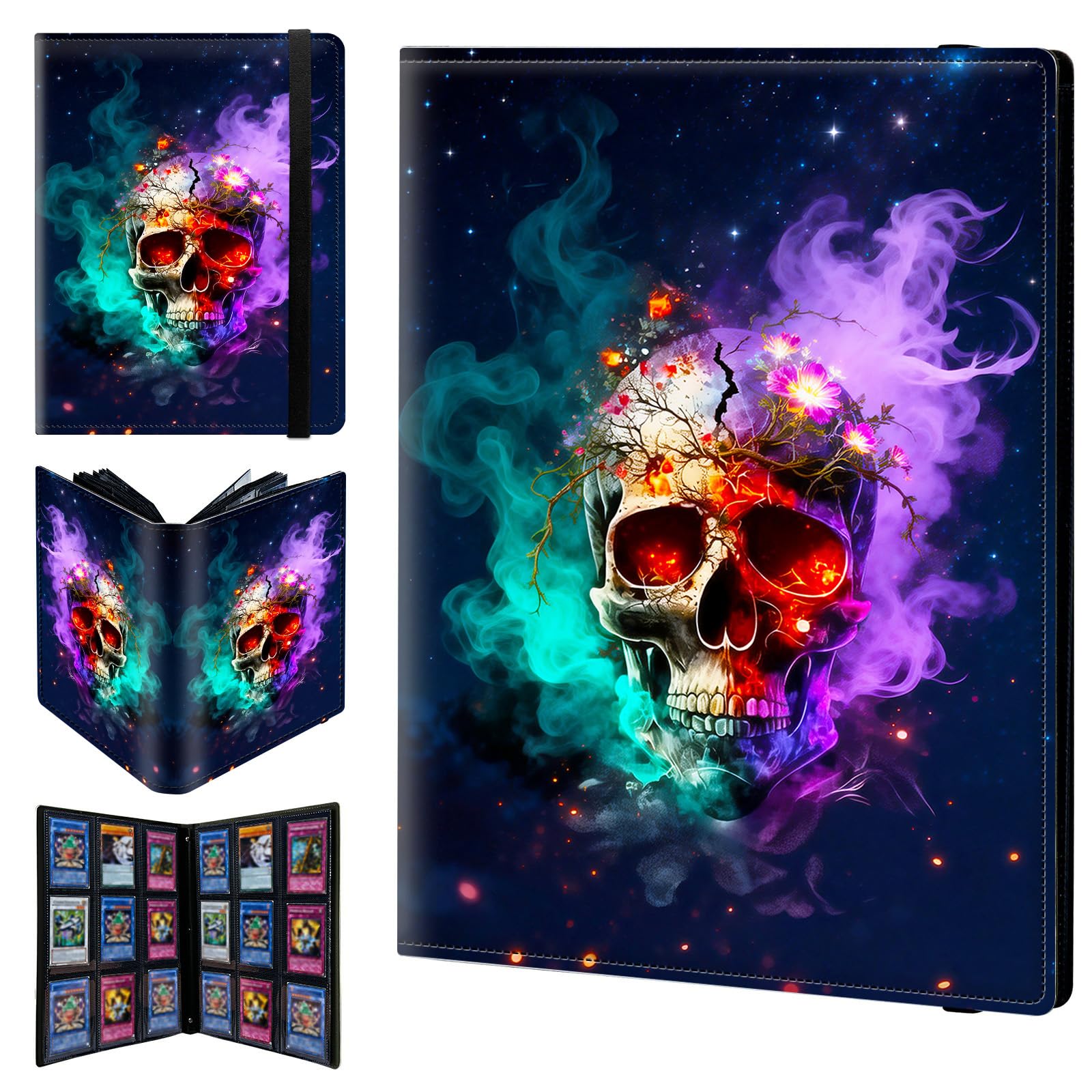 9 Pocket Trading Card Binder 360 Side Loading Pocket Album with Galaxy Skull Flowers Pattern Design Card Binder for Sports Cards & Game Cards