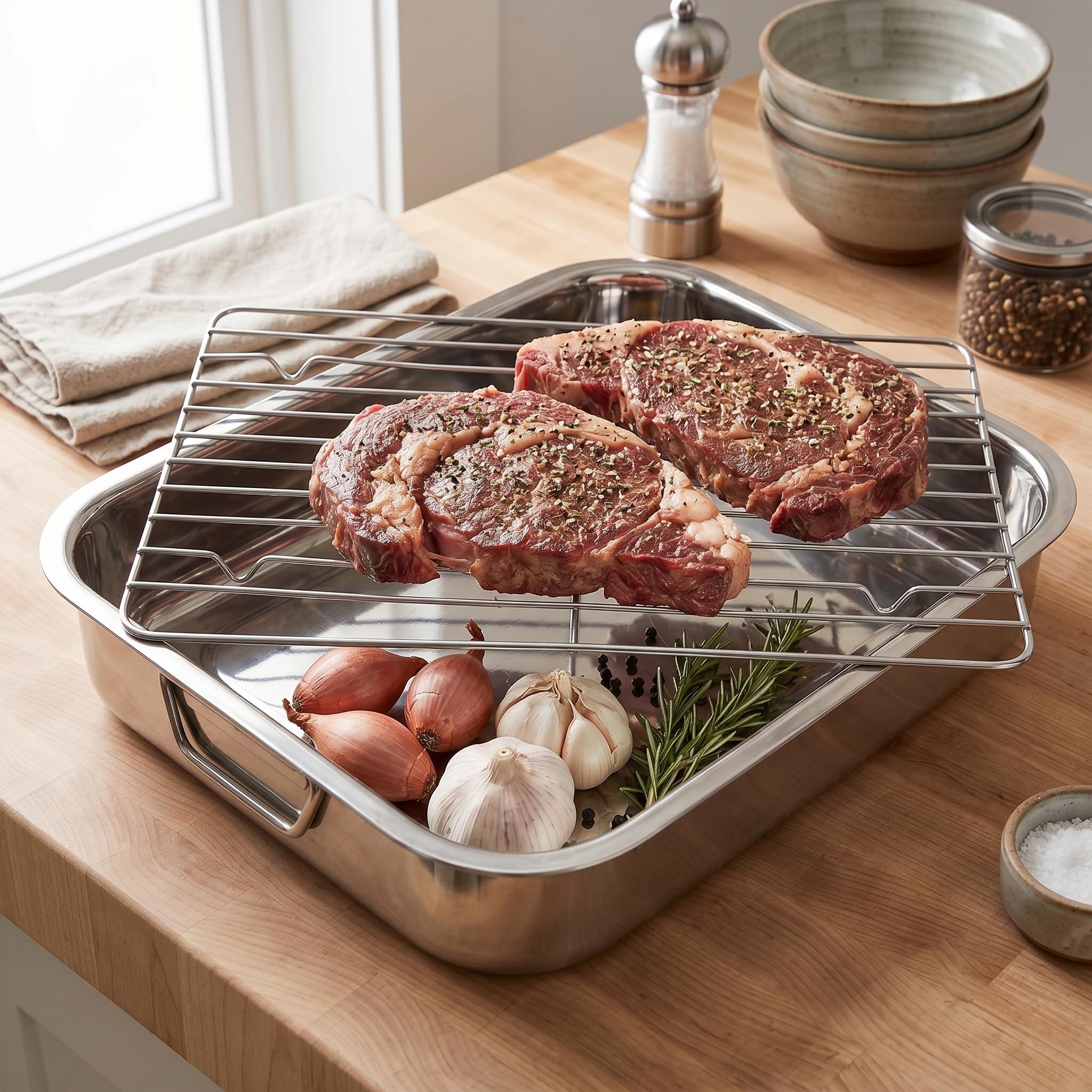 MGE - Oven Roaster with Grill - Taca do Pieczenia - Prostokątna Patelnia do Pieczenia w Piekarniku z Grillem - Stal Nierdzewna - 40 cm