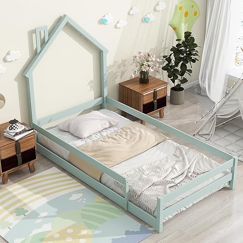 Miniatura 4 de Cama de plataforma de madera de tamaño individual con cabecero y cercas en forma de casa, sin tablillas, cama de piso para dormitorio de niños