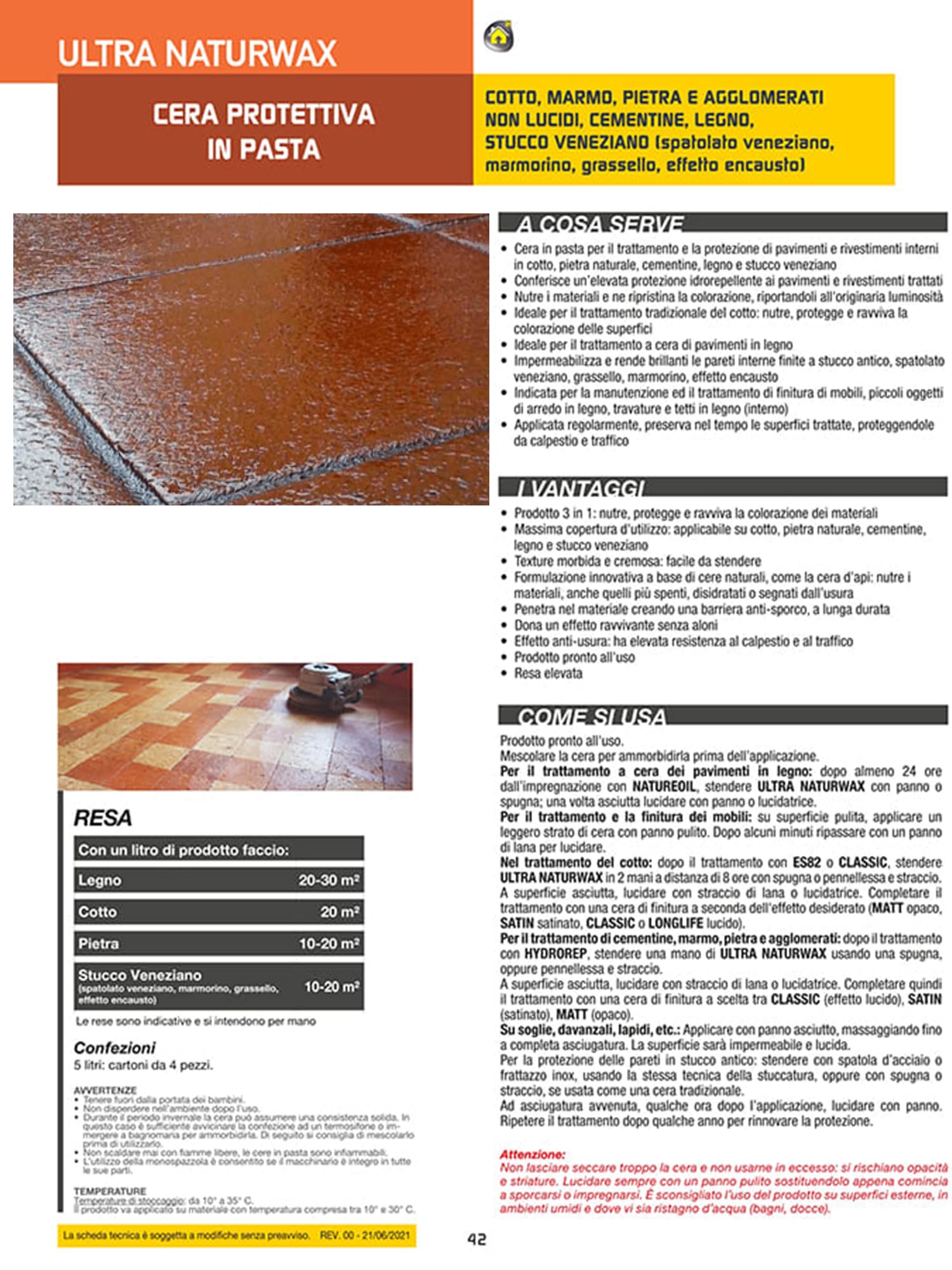 Cera per Cotto Interno Protettiva In Pasta Ultra Naturwax 5 Litri