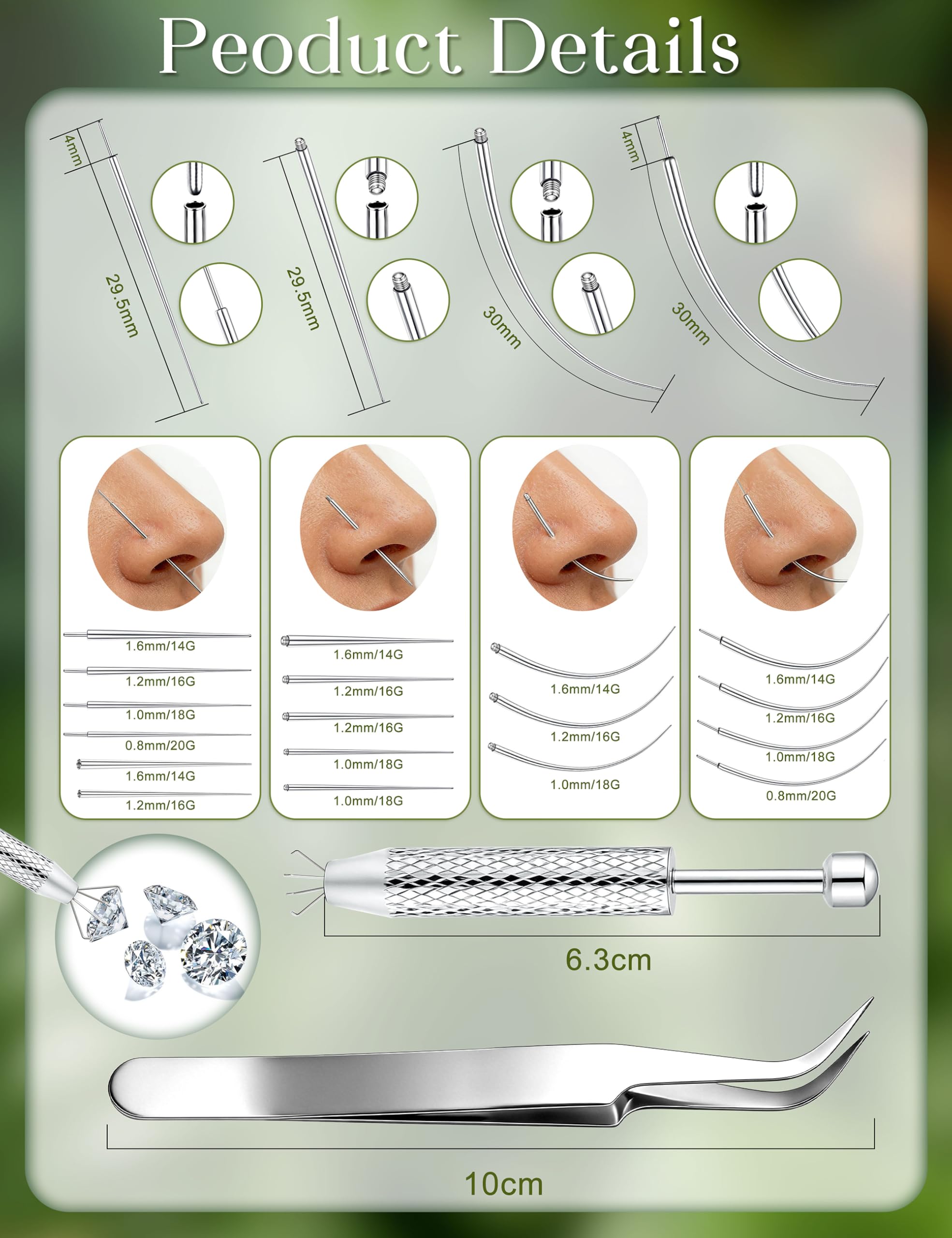 CASSIECA 20 sztuk piercingu, taper, kulka, igły, stal nierdzewna, zestaw do samodzielnego przekłuwania uszu, nosa, warg, brzucha