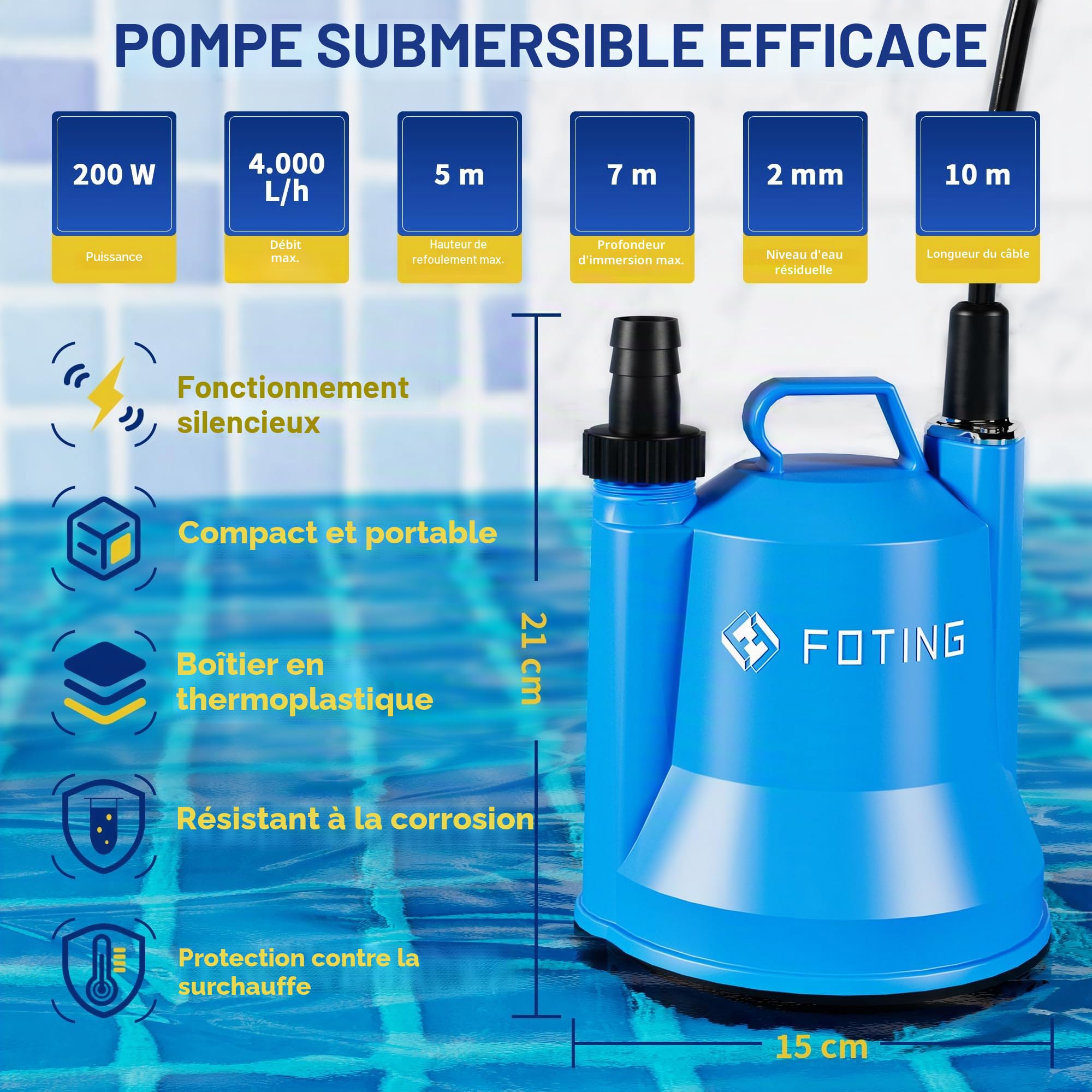 FOTING Pompe d’évacuation, Moteur 200W, Débit 4 000 L/h, Hauteur de refoulement max : 5 m, Profondeur d’immersion max : 7 m, Taille particules max : 5 mm