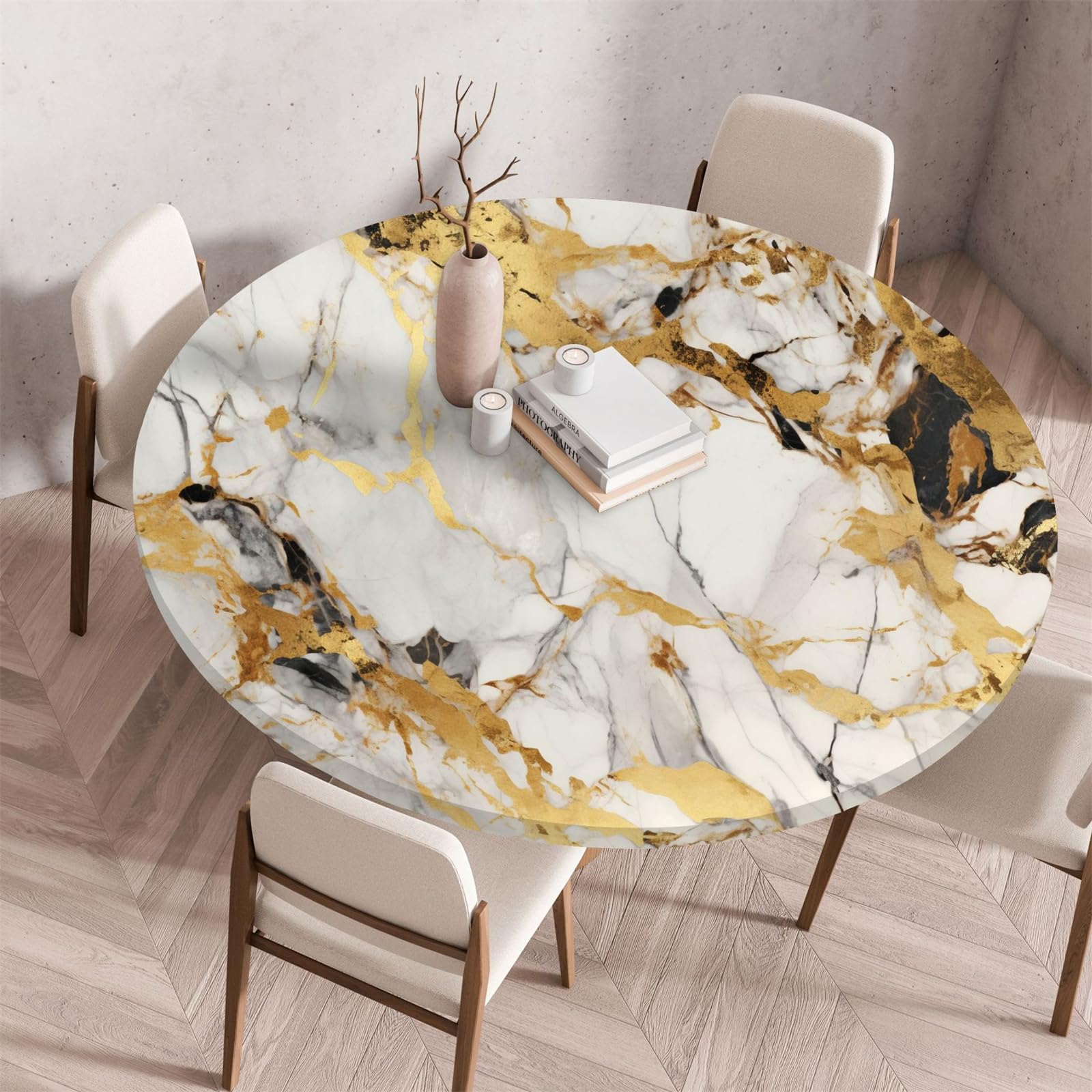 Muiuou Elastic Fitted Round Tablecloth, Marble Printing Tabletop Reusable Waterproof Oil-Proof Round Table Cover Cloth, Fitted Home Decoration Restaurant Kitchen (Diameter 140cm,Marble 4) — image 1