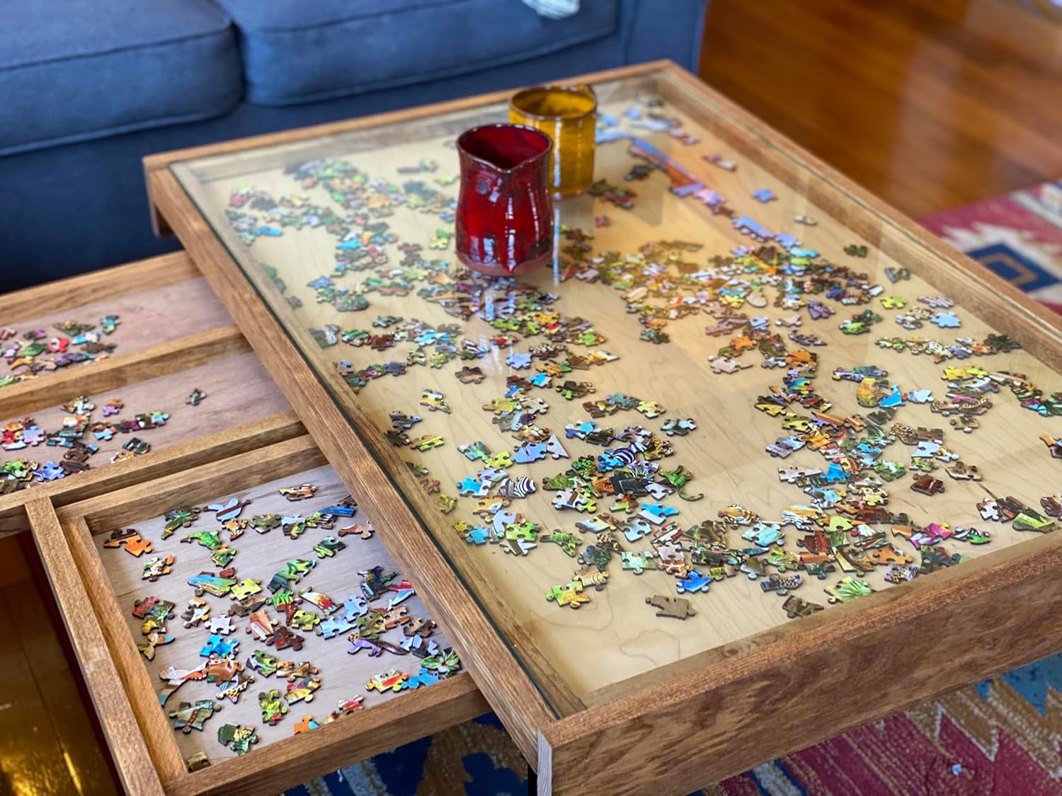 Rustic Puzzle Coffee Table with Removable Glass top - Includes 2 Hidden Drawers - 24x36. 100% Made in The USA
