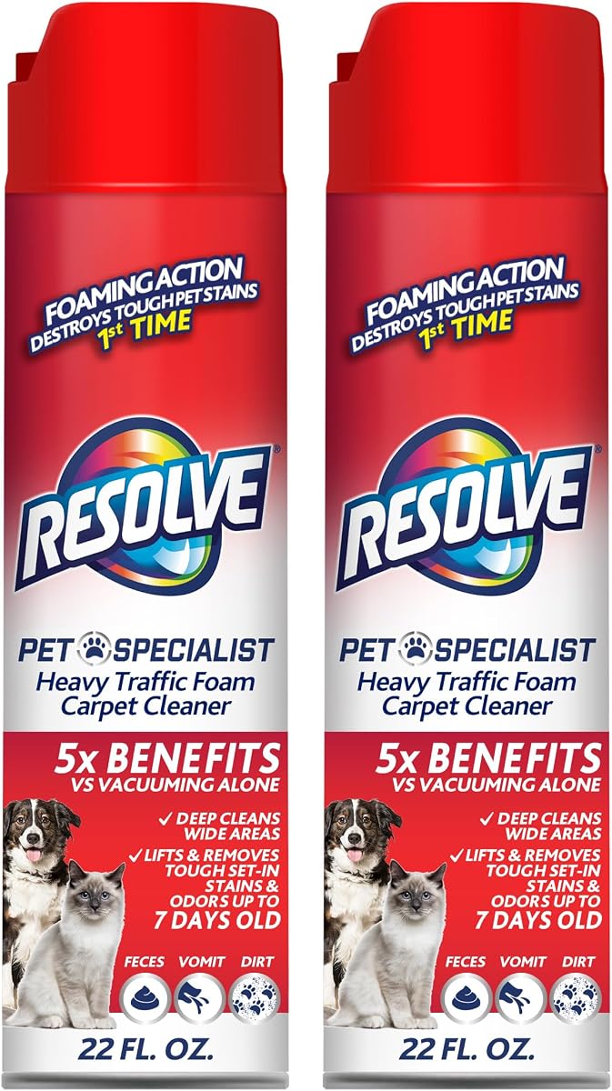 Resolve Pet Specialist Limpiador de alfombras de espuma para tráfico pesado, quitamanchas y olores de mascotas, latas de 22 oz, paquete de 2