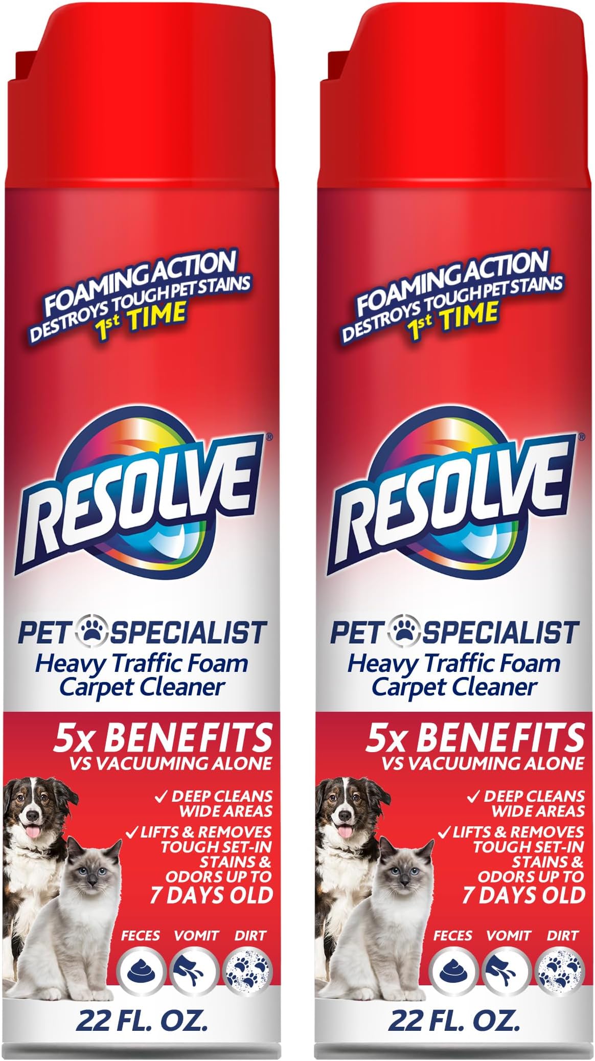 Resolve Pet Specialist Heavy Traffic Foam Carpet Cleaner, Pet Stain & Odor Remover, 22 oz Cans, 2 Pack