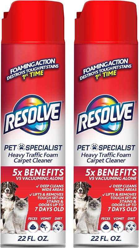 Resolve Pet Specialist Limpiador de alfombras de espuma para tráfico pesado, quitamanchas y olores de mascotas, latas de 22 oz, paquete de 2