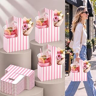 50 Pack 2 Cup Drink Carrier with Handle,Striped,Light Pink