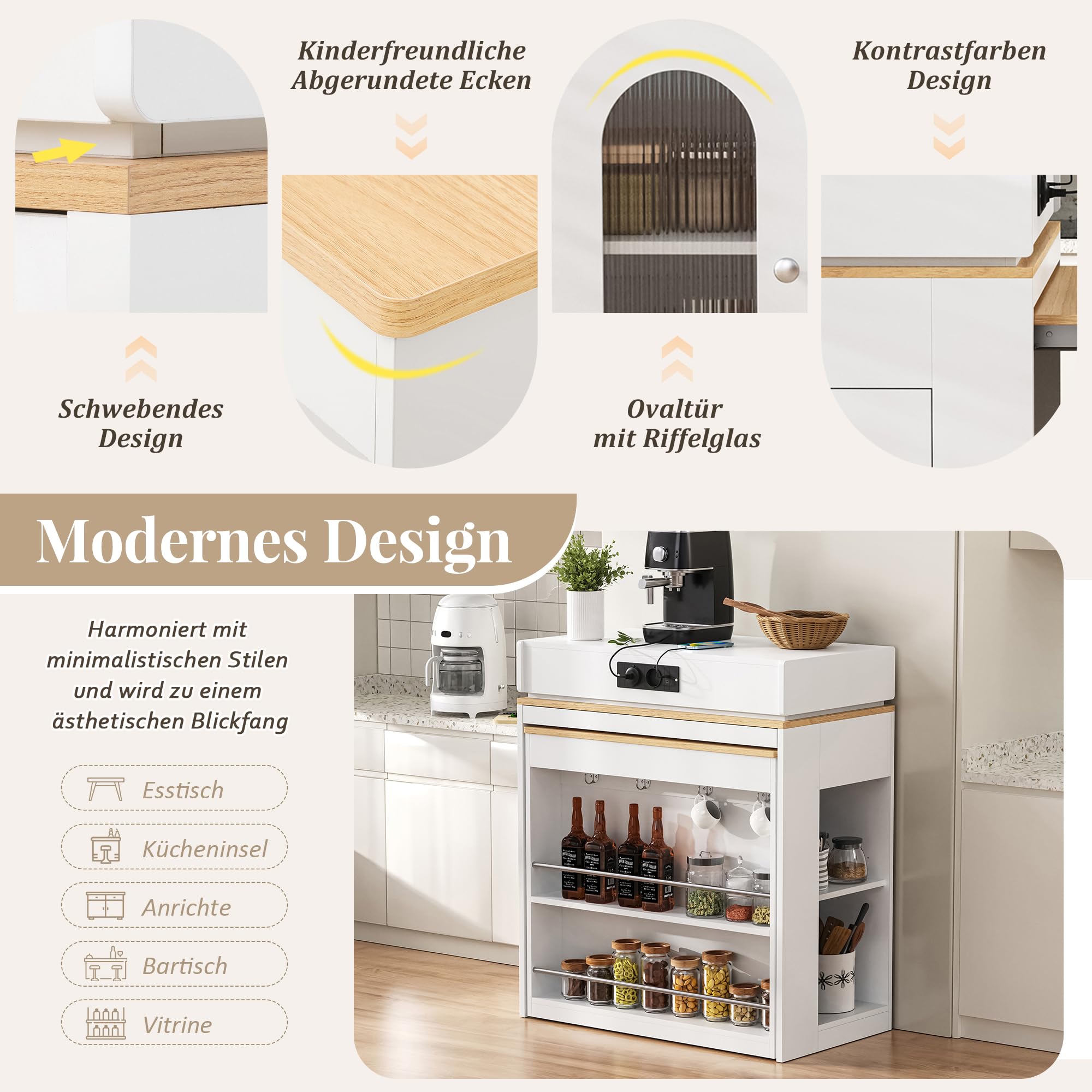 Bladez Isla de cocina moderna con mesa extensible y enchufes, isla de cocina con espacio de almacenamiento, armario de cristal y ganchos, mesa de bar multifuncional o aparador para cocina y comedor