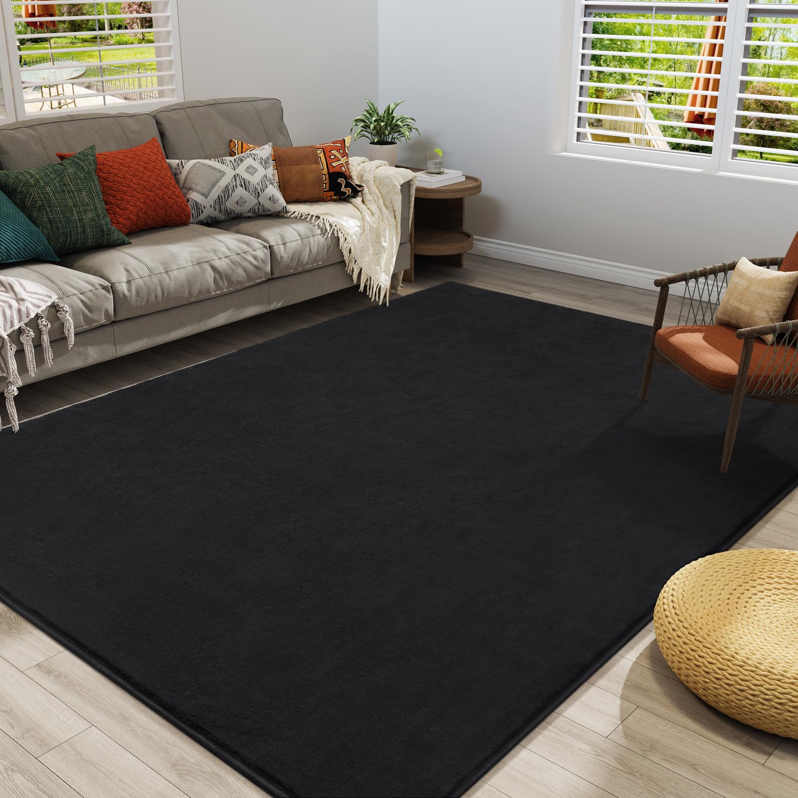 Alfombras modernas para dormitorio, sala de estar, alfombra negra de espuma viscoelástica gruesa de 4 x 6 pies, alfombra mullida y lavable para interiores, antideslizante, alfombra minimalista 4