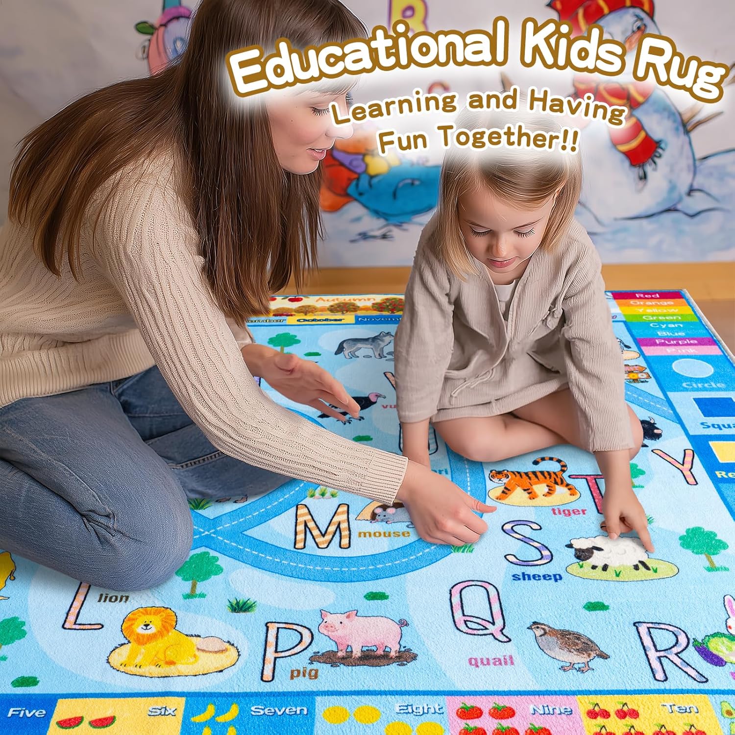 Kids Rug for Playroom 4x5, Educational Animal & Season Shape Carpet, Non-Slip Washable Floor Mat for Nursery Bedroom Classroom, Blue