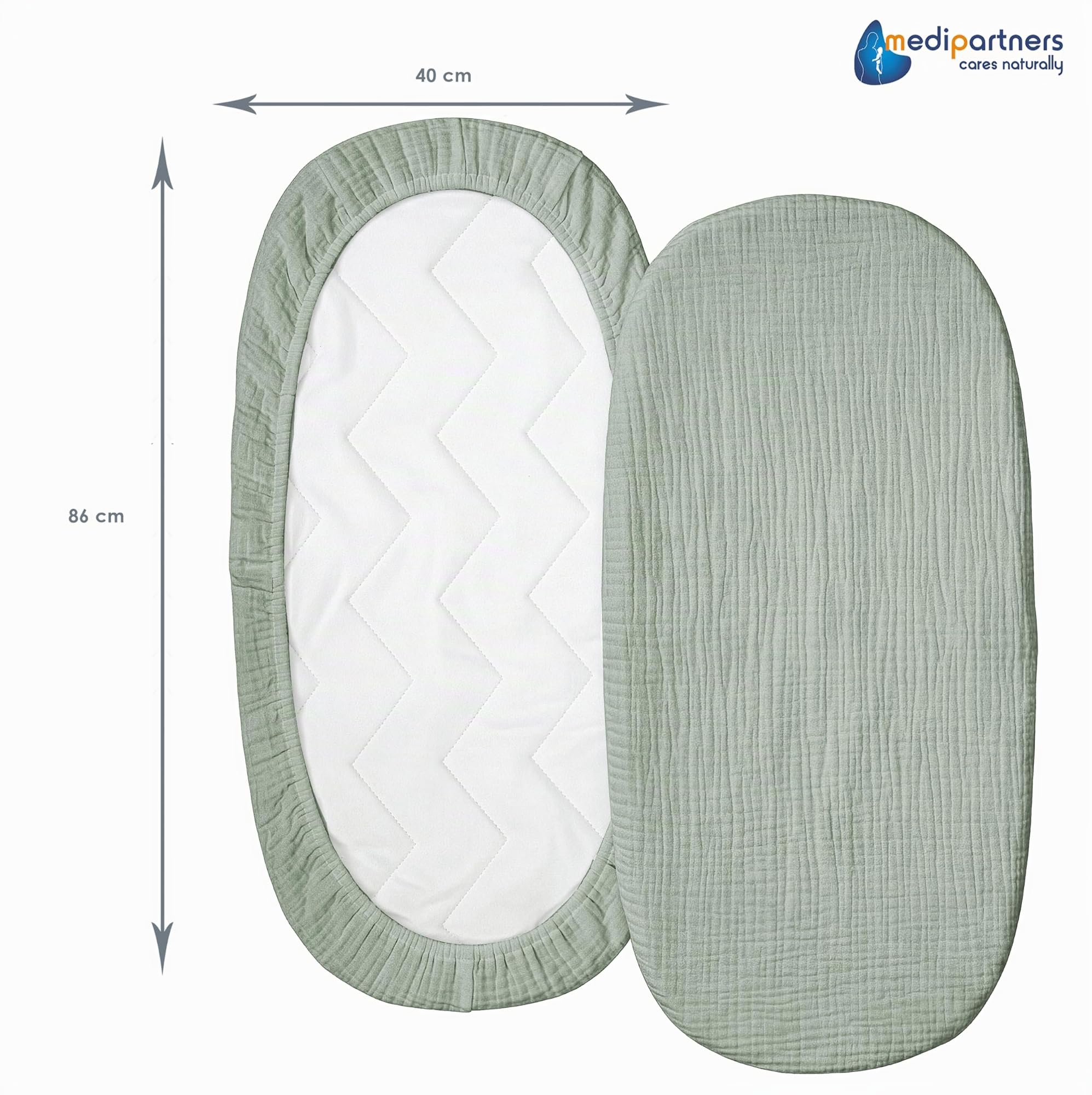 Medi Partners Sabanas Cuna Bebe 86x40 Sabana Bajera Capazo Set de 3 Funda Colchon Combiador para Carro - 100% Algodón Muselina Universal Minicuna Moises Sábanas Carrito (Oliva-Blanco-Gris)