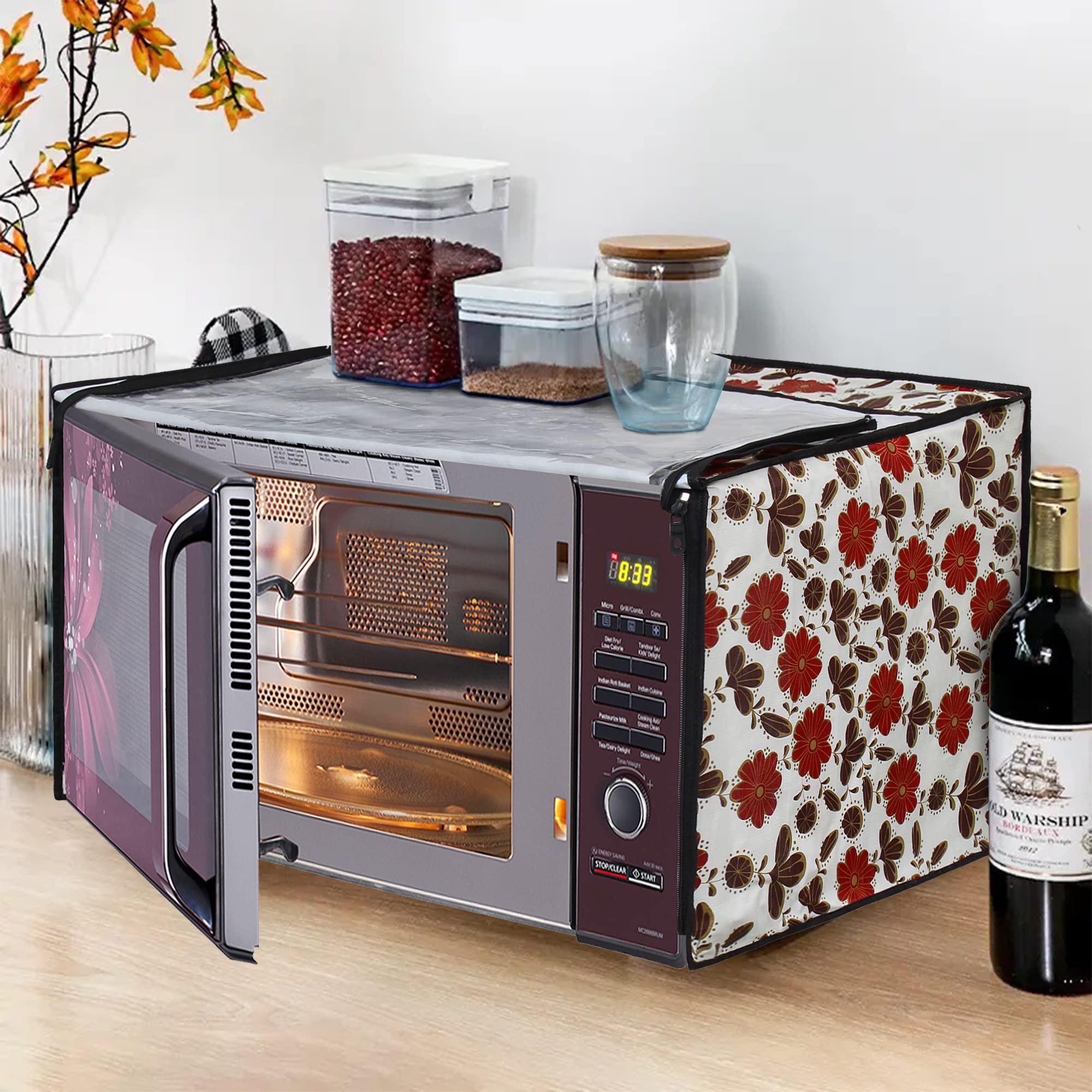 Glassiano White Floral Printed Microwave Oven Cover for Godrej 30 Litre Convection Microwave Oven InstaCook GMX 30 CA1 SIM, Silver