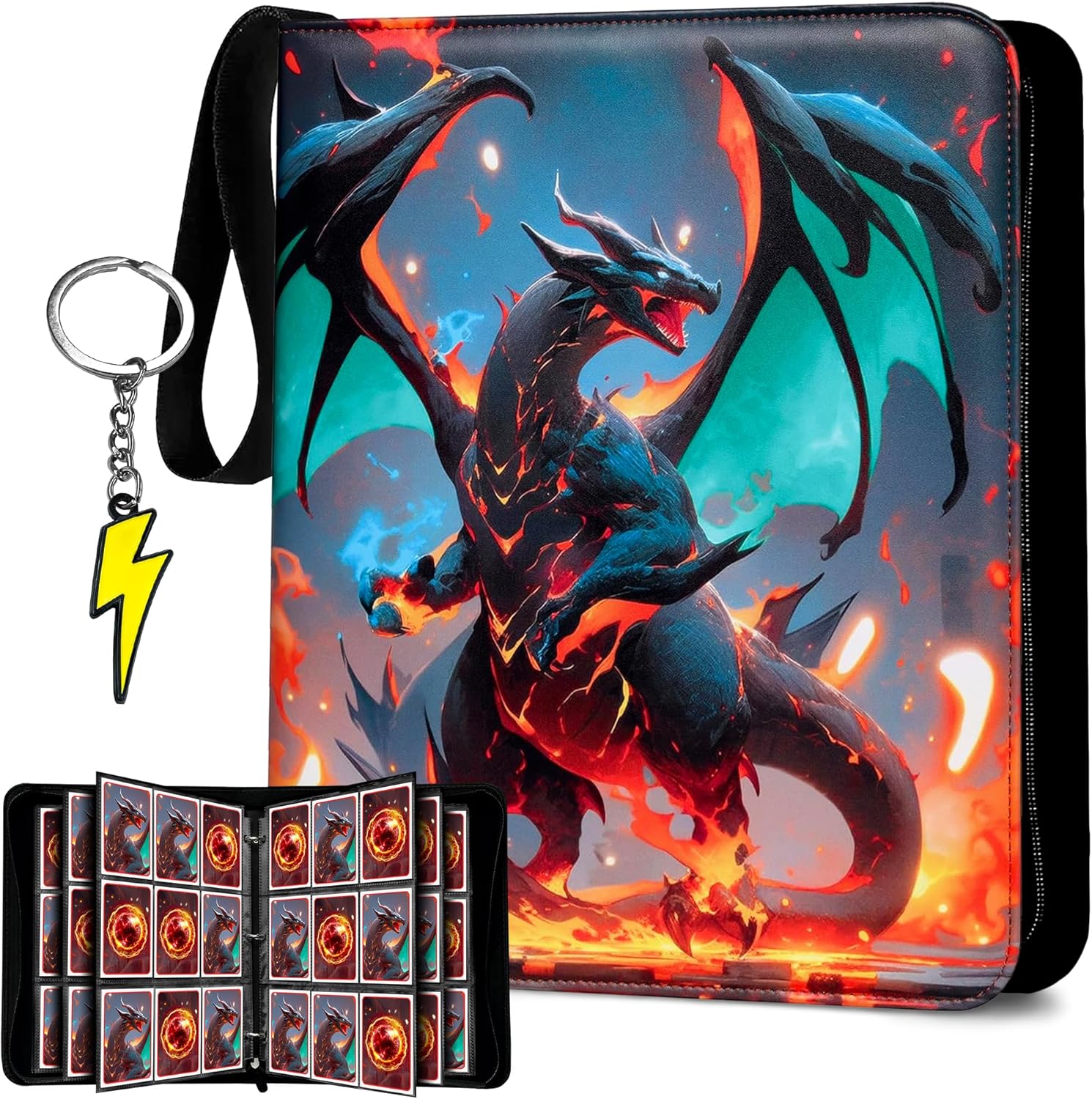 Trading Card Binder 9-Pocket – Premium PU Leather Card Album, Holds 900 Cards, 50 Removable Sleeves, Zippered 3-Ring Case for TCG/Sports Cards + Metal Keychain