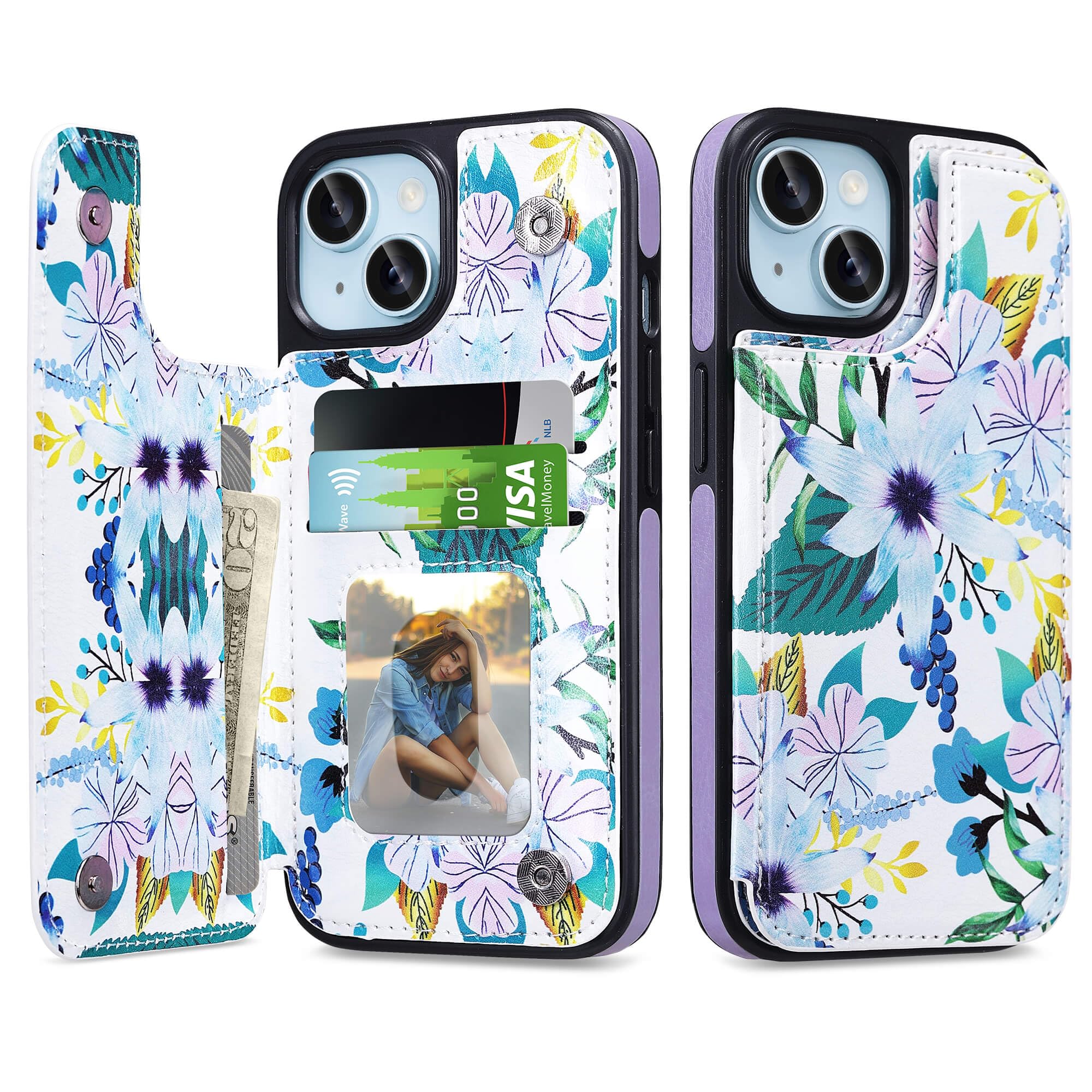 ULAK Compatible with iPhone 15 Wallet Case with Card Holder, Floral Flower Pattern Folio Flip Cover with Kickstand Card Slots for Women, Double Magnetic Clasp Purse Case 6.1 Inch, Blossom