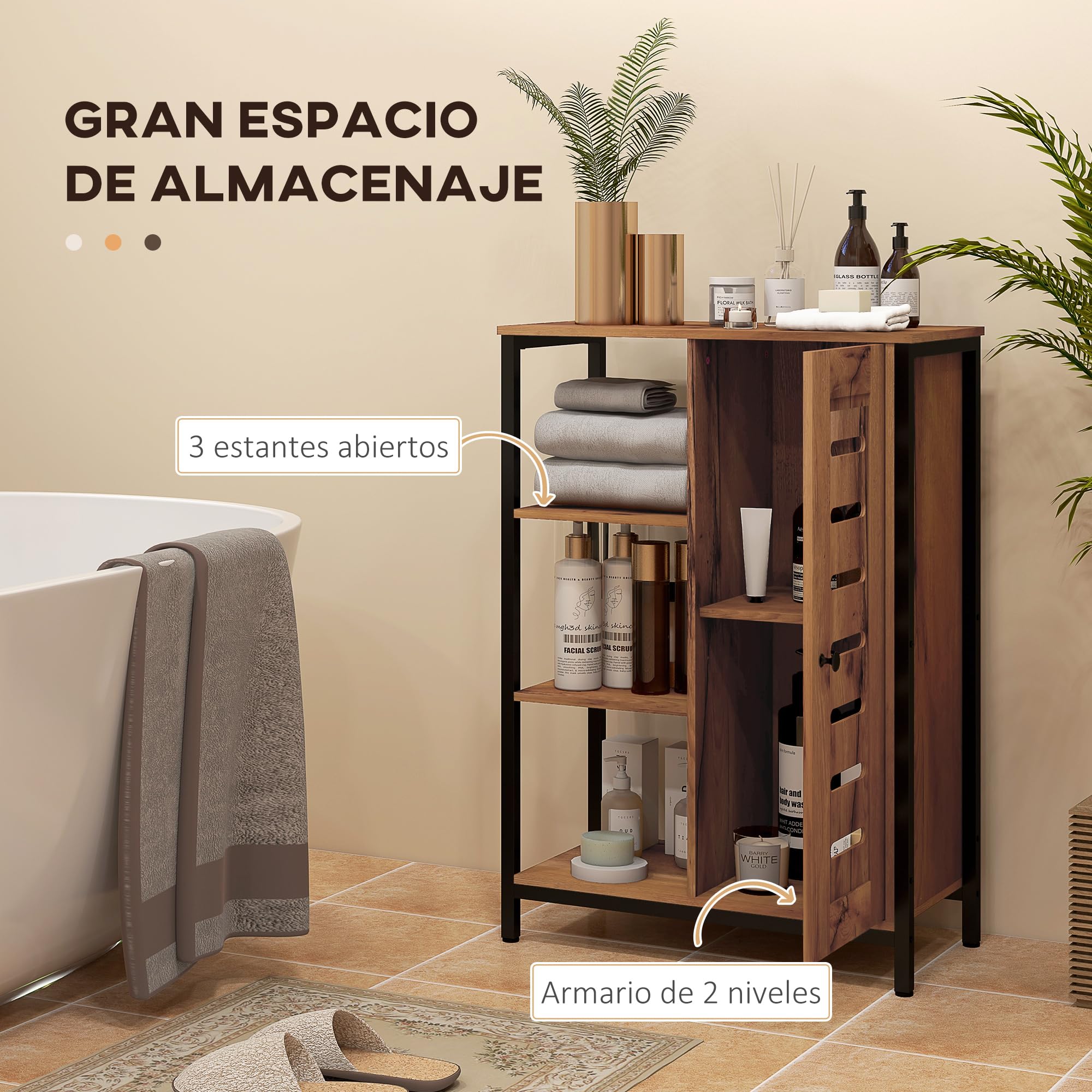 kleankin Armario de Baño Estrecho, Columna de Baño con Puerta de Lamas y 3 Compartimentos Abiertos, Estante Ajustable, para Salón, Dormitorio, Entrada, 60x30x85 cm, Marrón Rústico
