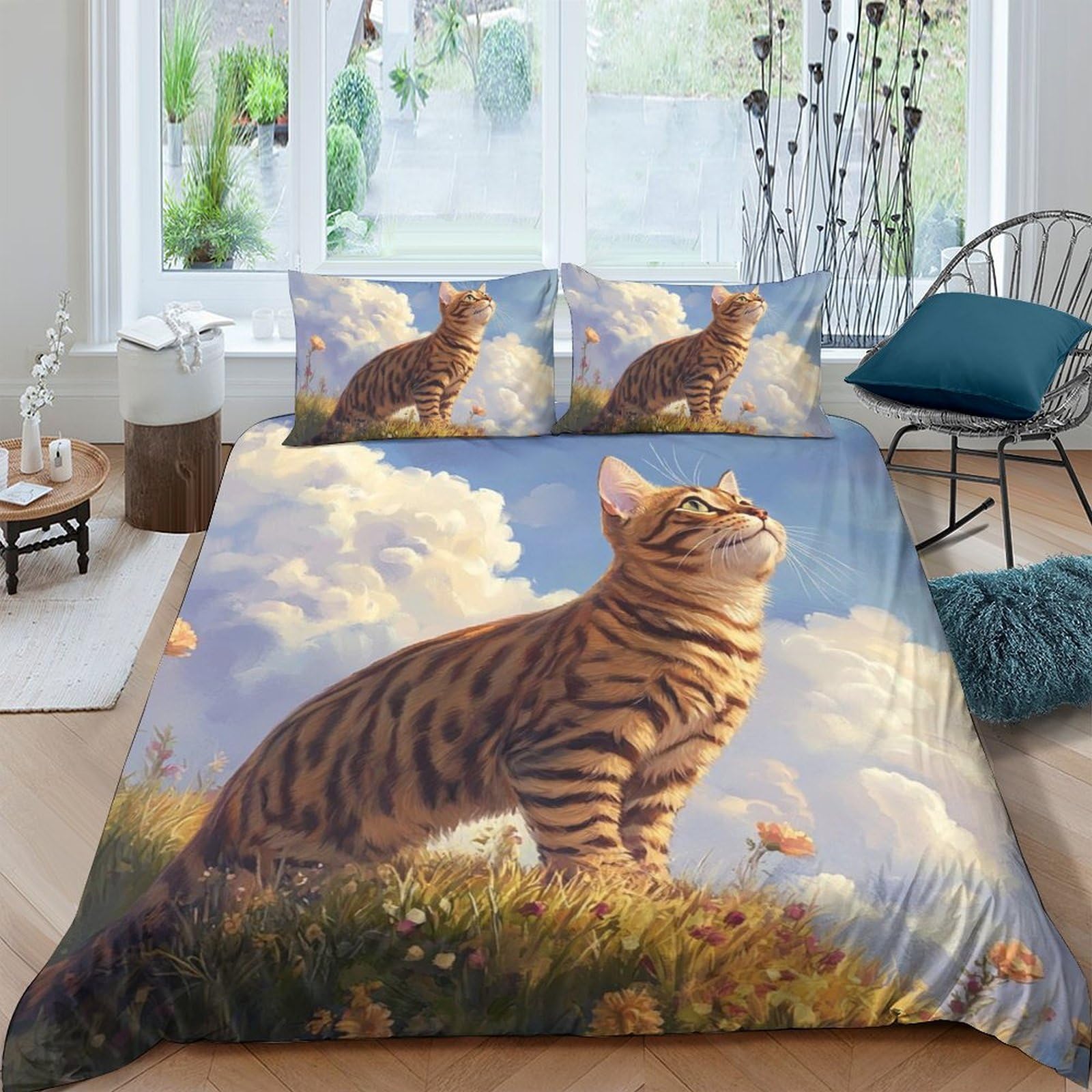 Ctjqhvkz Style-4 3D Printed Tabby Cat Sky Fitted Sheet Microfiber Soft Breathable Meadow Cat Mattress Cover For Bedroom Dorm Decor Single（135X200cm）