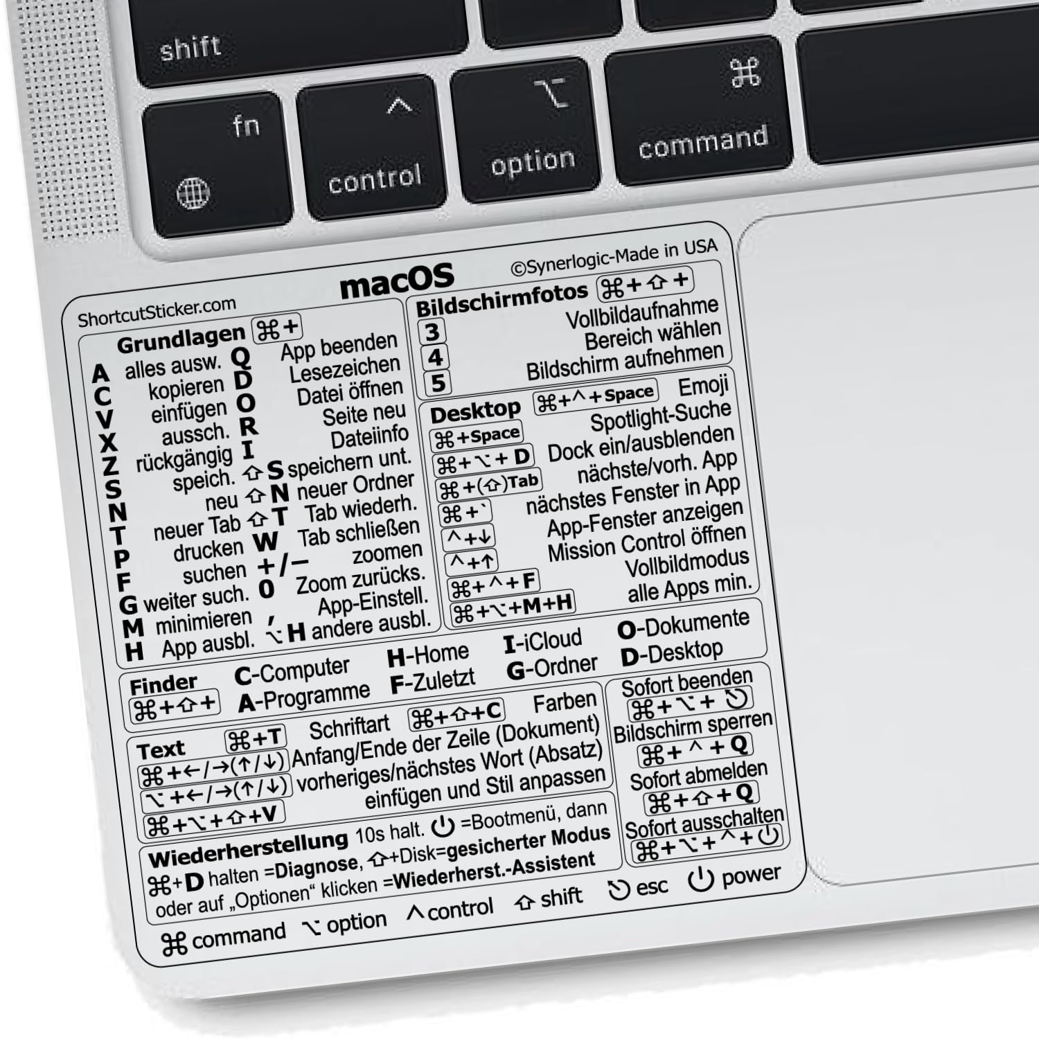 Synerlogic Mac OS Kurzbefehle-Sticker | Tastatur-Sticker für macOS | Laminierter Vinyl-MacBook-Spickzettel für Laptop | MacBook-Kurzbefehle 2026 (Clear/Black/German/2pk)